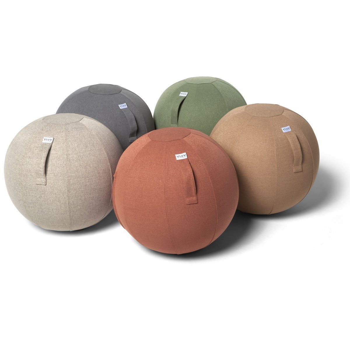 VLUV Sitzball BOL SOVA Stoff Sitzball 60-65cm, ergonomisches Sitzmöbel, atmungsaktiv und langlebig, mit Tragegriff und Bodenring, inkl. Handpumpe, Farbe: Toffee (beige)