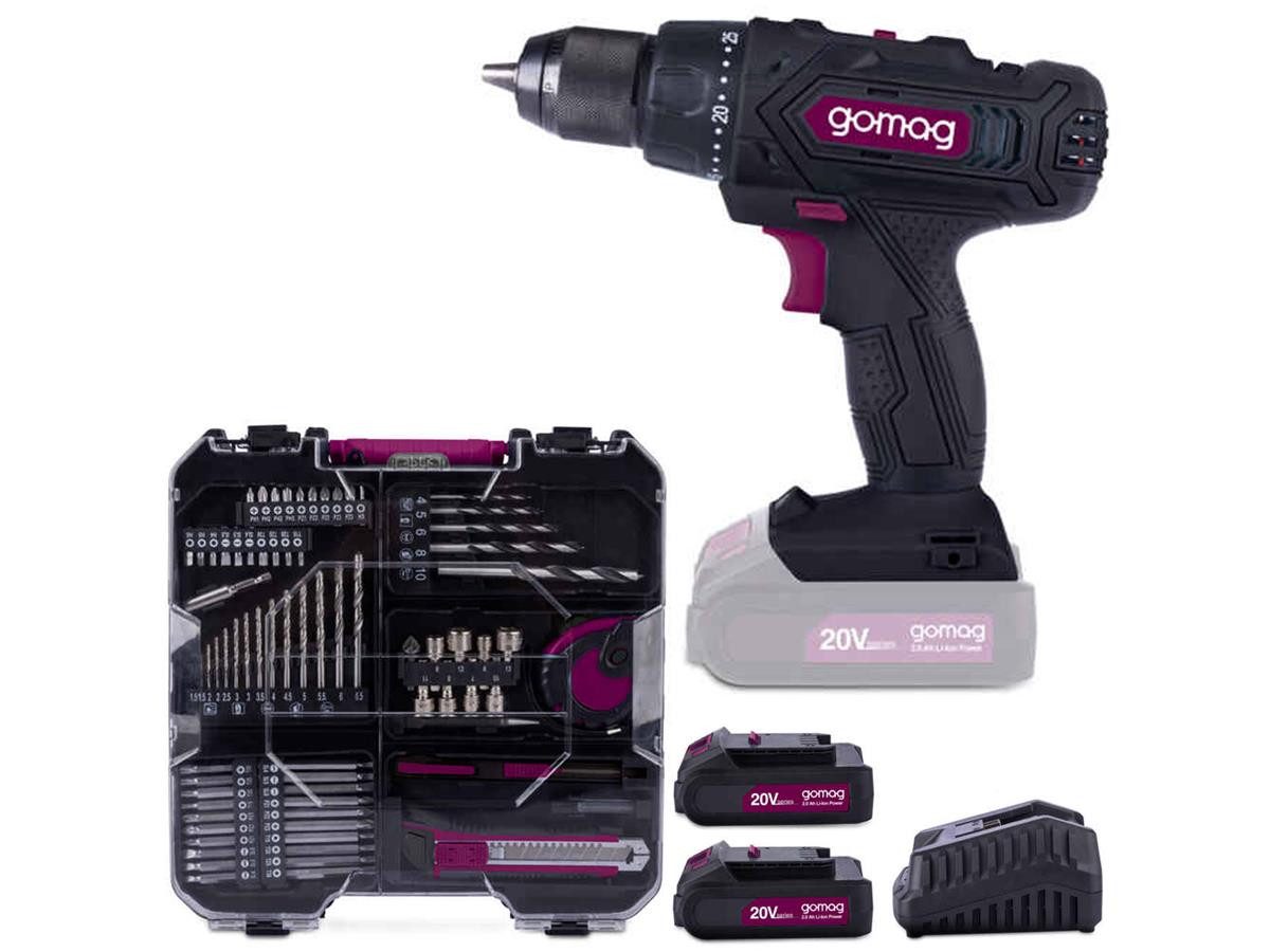 Gomag Werkzeugset GO-ASK74/2, (Set, 78-tlg., inkl. Akku-Schlagbohrschrauber), 2x 2Ah 20V Akku + Ladegerät