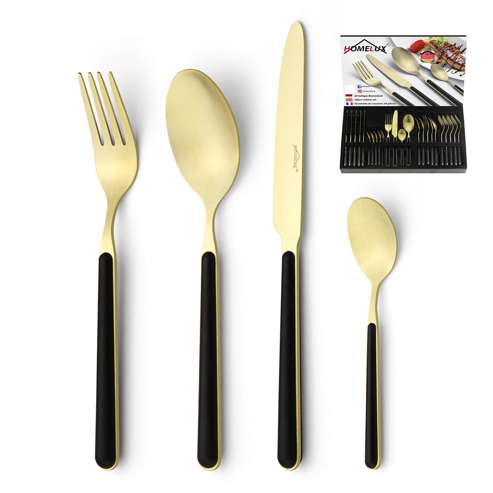 HOMELUX Besteck-Set Besteck set für 6 Personen,24-tlg Edelstahl Besteckset,Cutlery Set, Edelstahl,Titan-Beschichtung,Matt poliert