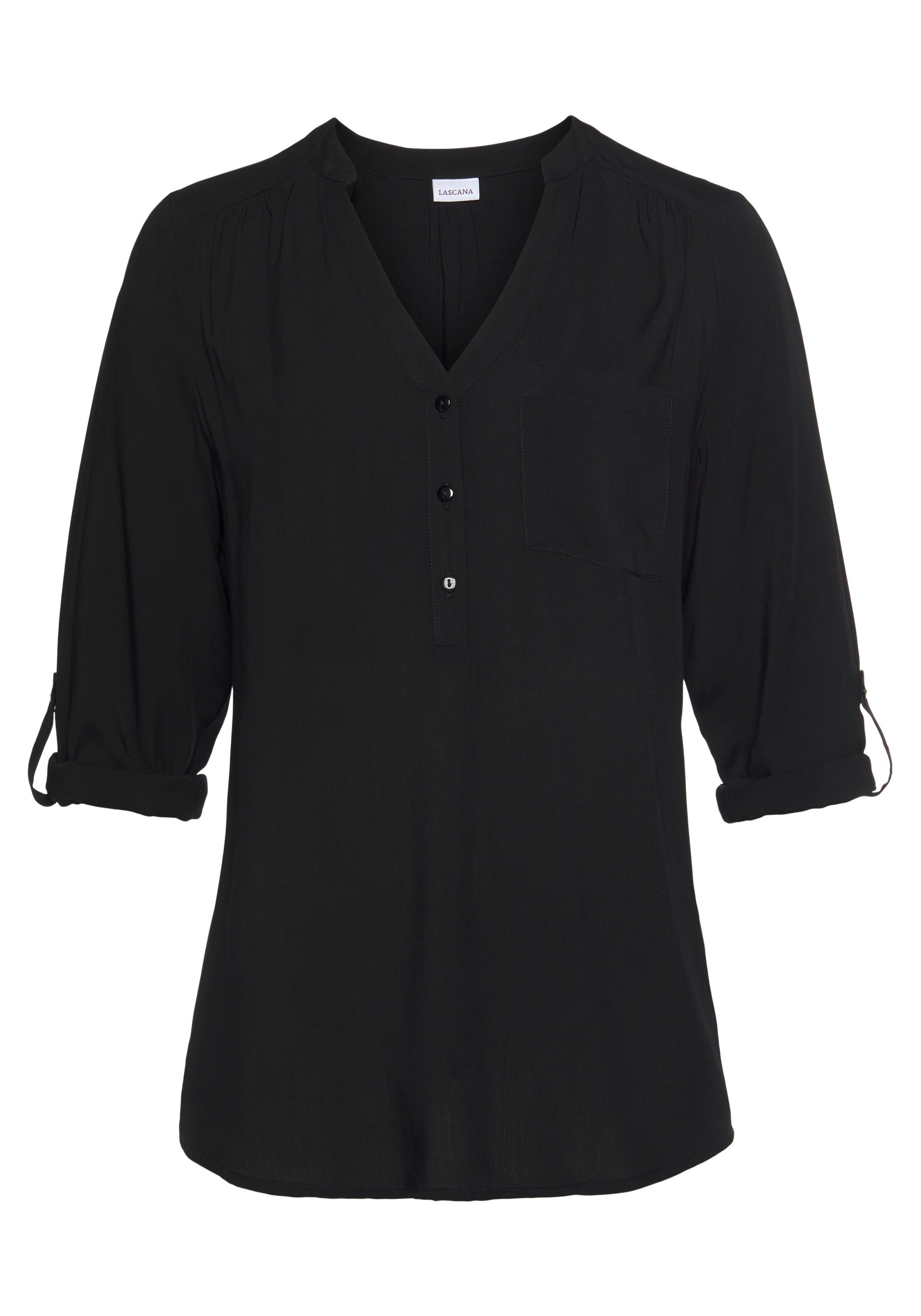 LASCANA Schlupfbluse mit 3/4-Ärmeln und kurzer Knopfleiste lockere Damenbluse, Blusenshirt mit Krempelärmel, Business, Basic – Bild 2 von 5