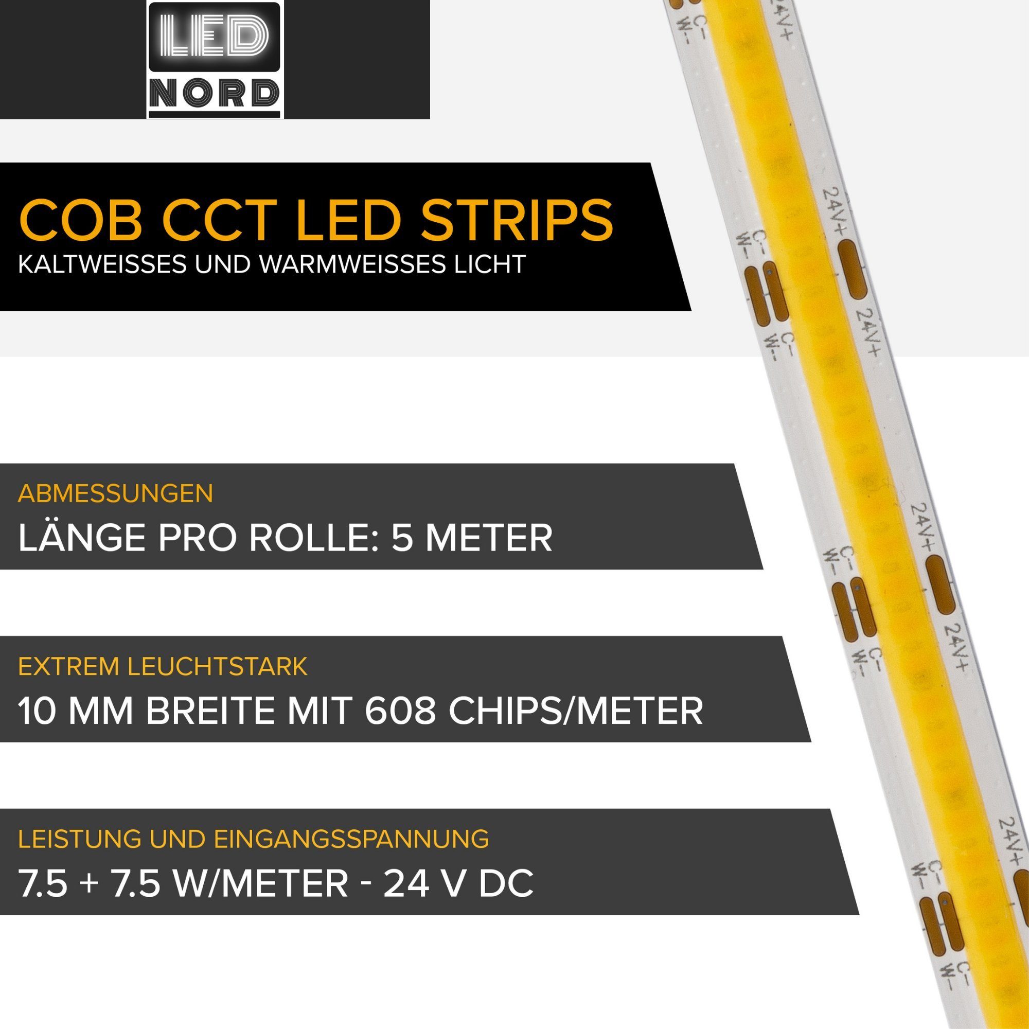 Leistung Kelvin CCT Streifen Band LED - Leisten LED LED Flex 6500K 2200K Kelvin 75Watt 5m COB - und 6500 Privater Stripe 608 2200 LED Farbtemperaturwechsel LED - Abstrahlwinkel Licht industrieller - Rolle Strip - bis Gebrauch, - LED 180° LED einstellbar Nord