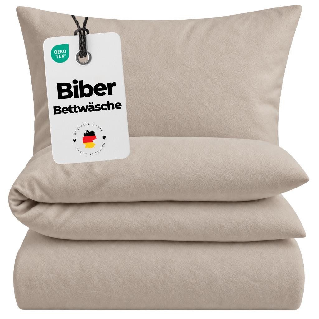 Carpe Sonno Bettwäsche Biber kuschelig warme Bettwäsche Winter Flanell Beige Uni 135 x 200, Biber, 2 teilig, Kuschelige Biberbettwäsche - Feinbiber - Reißverschluss - 135x200 cm