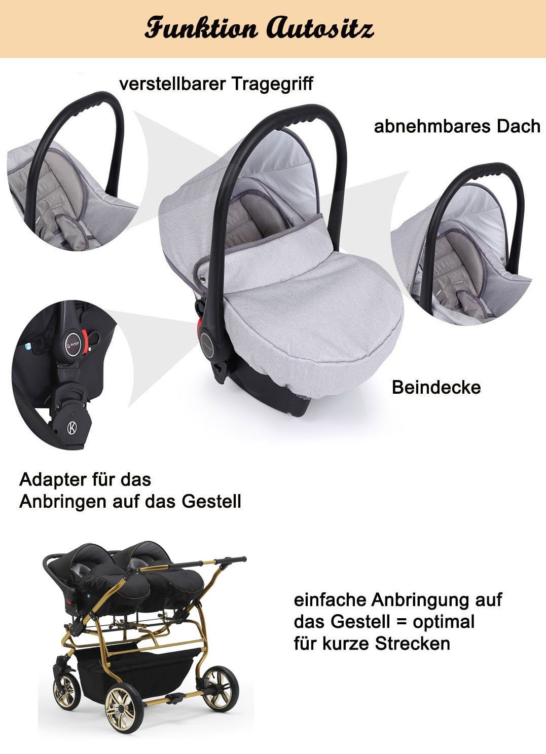 babies-on-wheels Zwillingswagen Zwillingswagen Duet Lux in 15 Farben 4 33 Gold - Teile Creme-Grau 1 in 