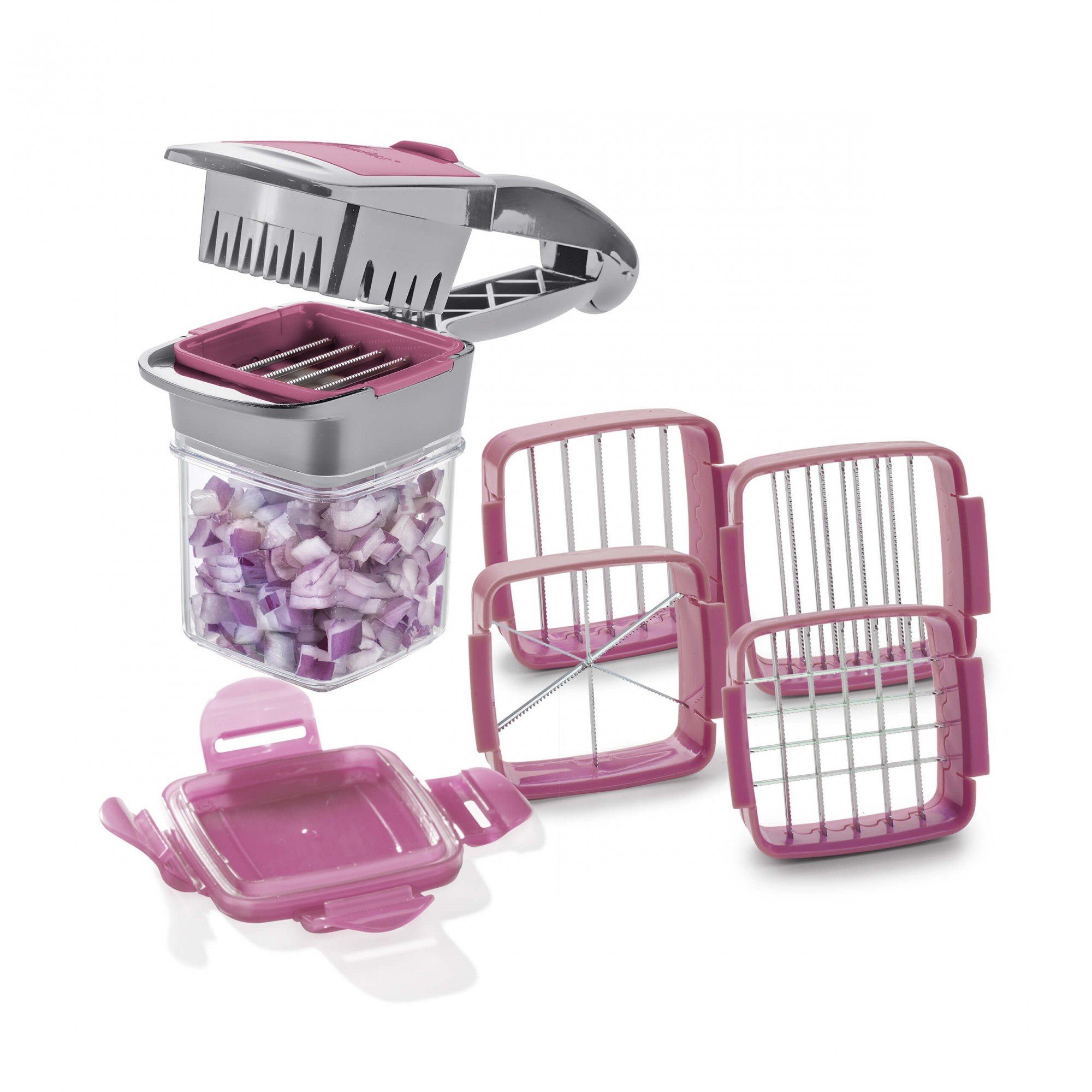 Genius Gemüseschneider Genius Nicer Dicer Quick 7 teilig Set Brombeere, 5 in 1 Multischneider, austauschbaren Messereinsätzen