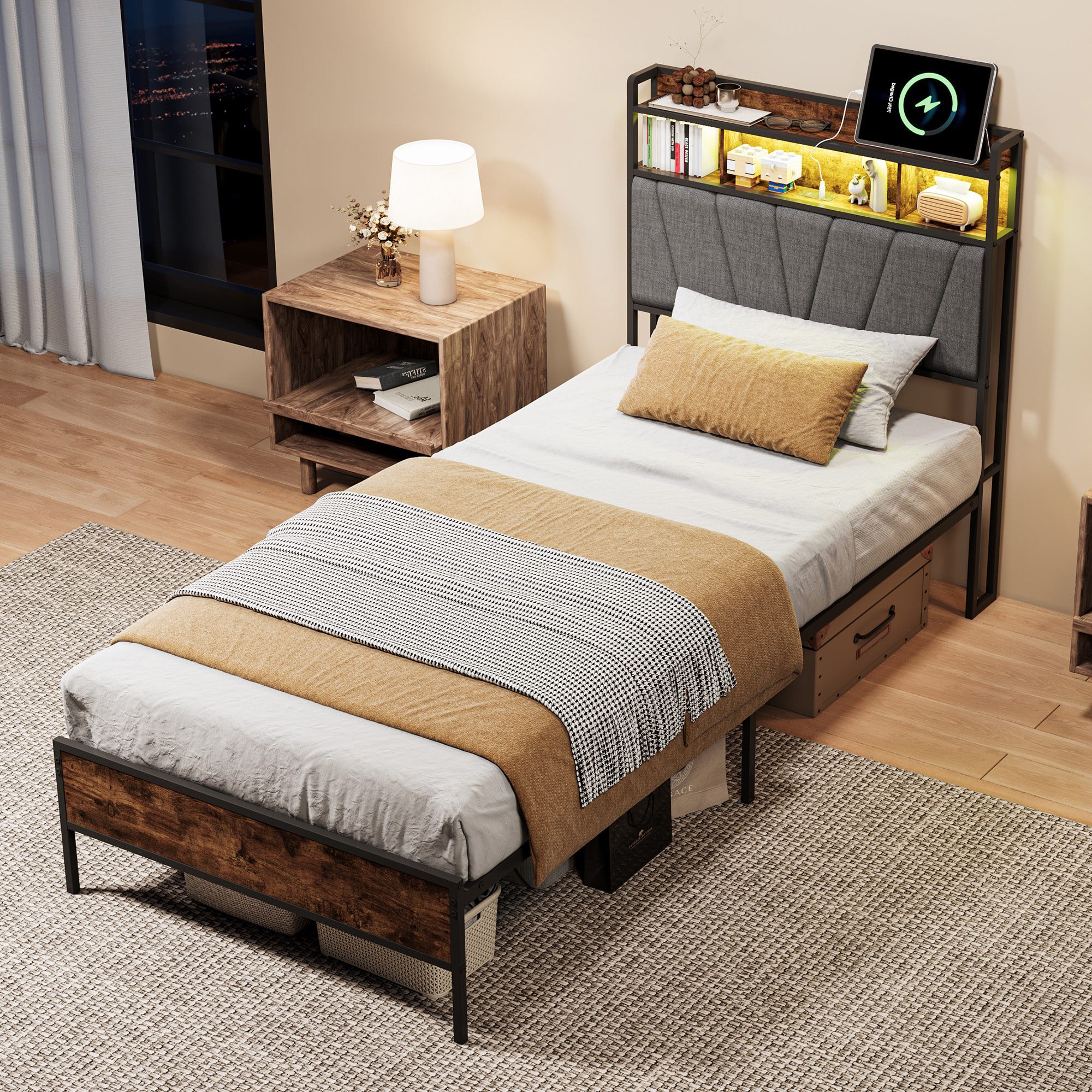 Simurq Einzelbett Metallbett 90x200 cm, Gästebett, Jugendbett, Multifunktionsbett (1 tlg, ohne Matratze, Mit Lattenrost), Leinen Polsterkopfteil, mit USB-Anschluss & LED-Beleuchtung, Schwarz