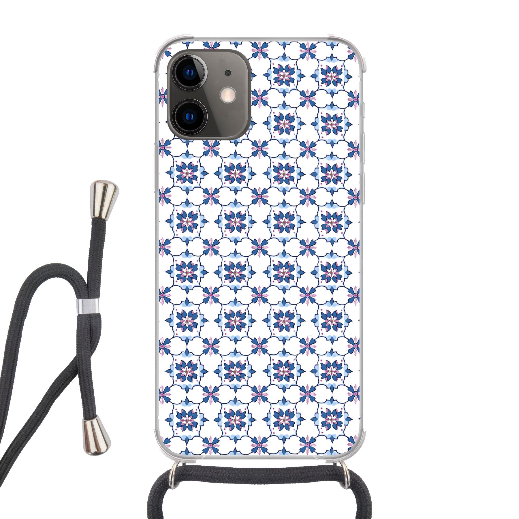 MuchoWow Handyhülle für Apple iPhone 12 Modern - Muster - Blau - Rosa, Tragbare Handyhüllen mit Kette zum umhängen, Handykette Handyband
