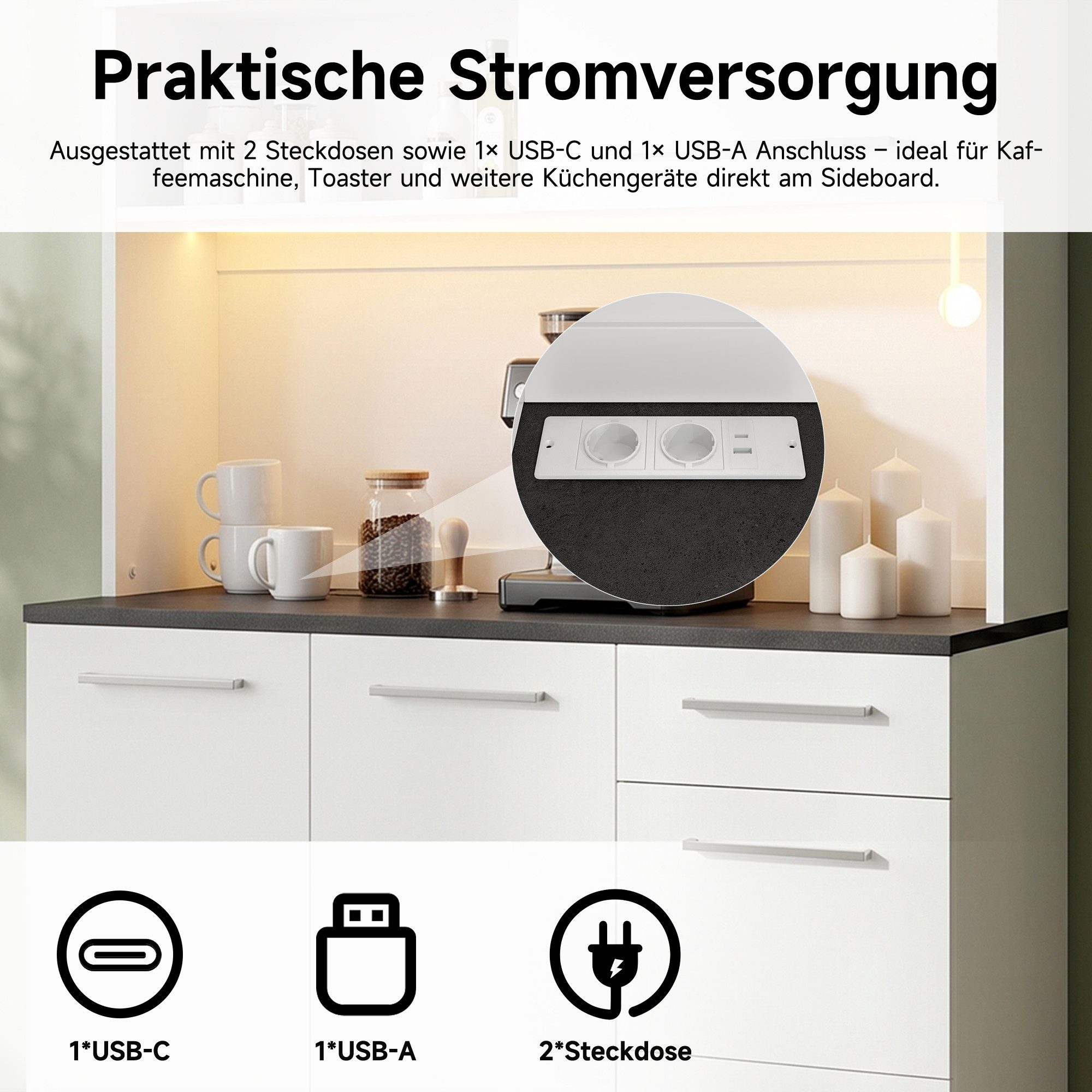 Celya Hochschrank Buffetschränke mit mehrstufigem Stauraum und farbigem Lichtstreifen (mit integrierter Steckdose sowie USB-C- und USB-A-Anschlüssen) Ideal für Esszimmer, Wohnzimmer und Küche