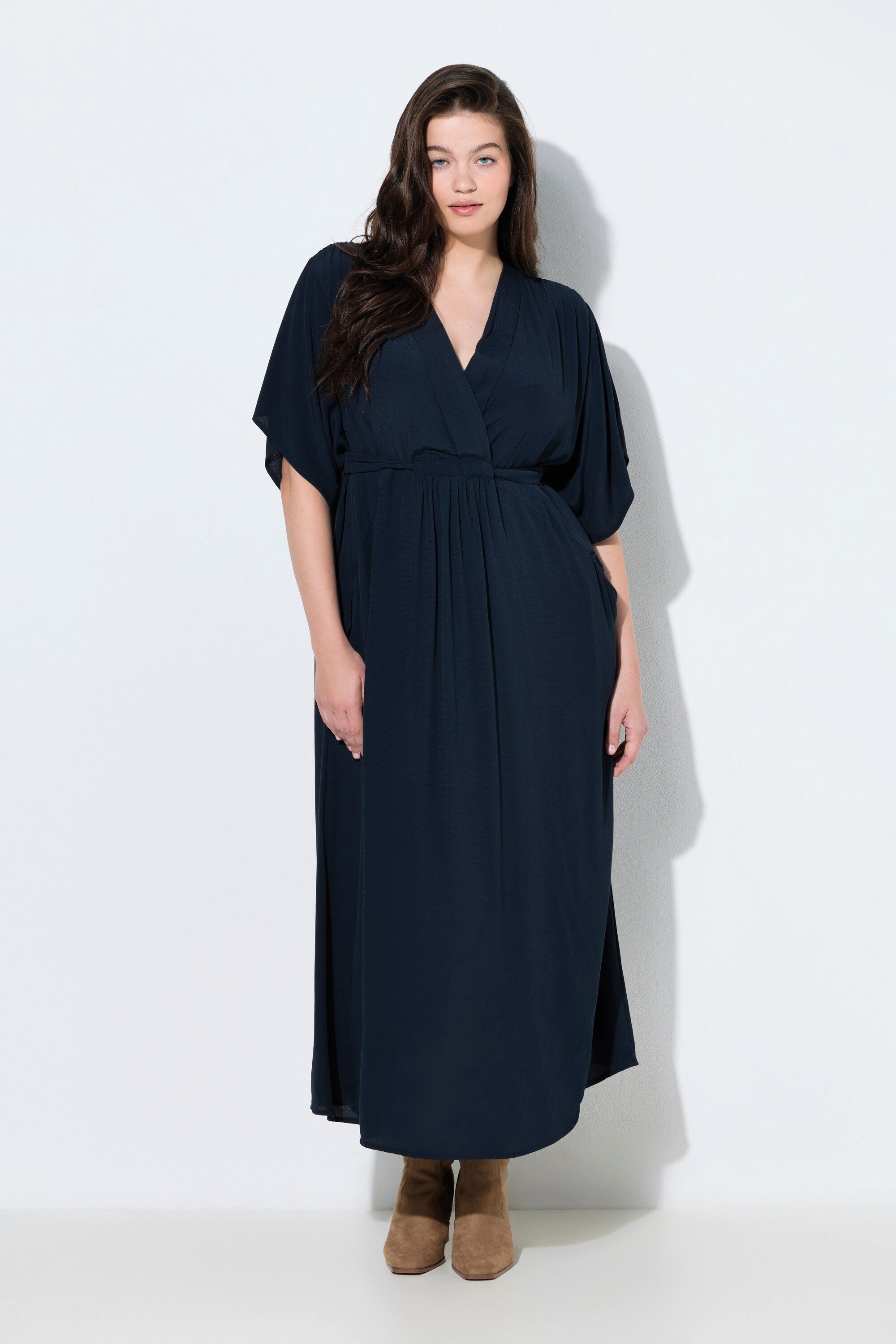Ulla Popken Hemdblusenkleid Maxi-Blusenkleid Wickeloptik V-Ausschnitt Halba günstig online kaufen