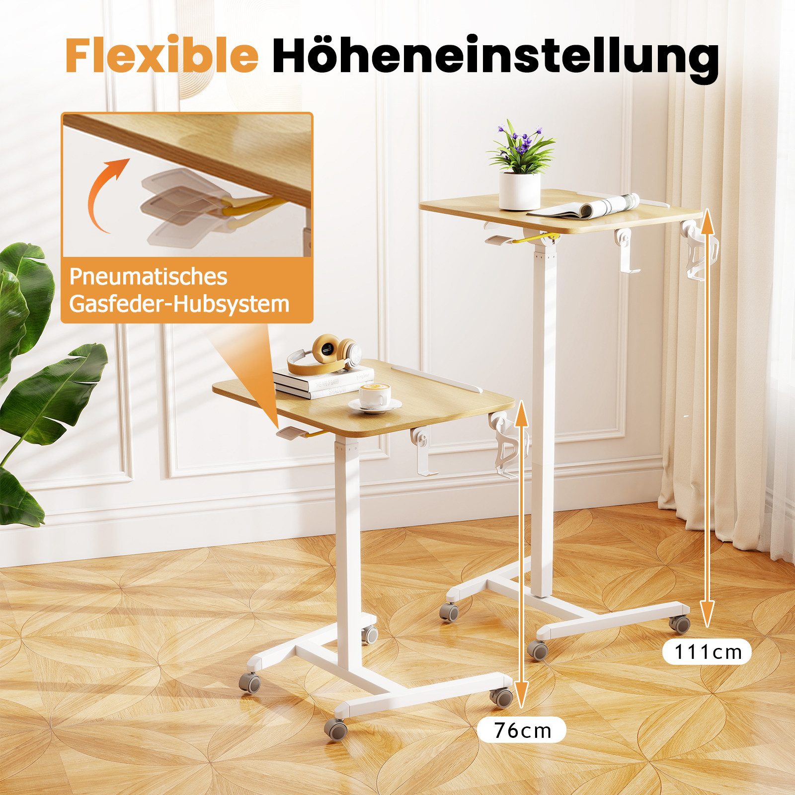 COSTWAY Laptoptisch, für Bett Beistelltisch höhenverstellbar, neigbar mit rollen