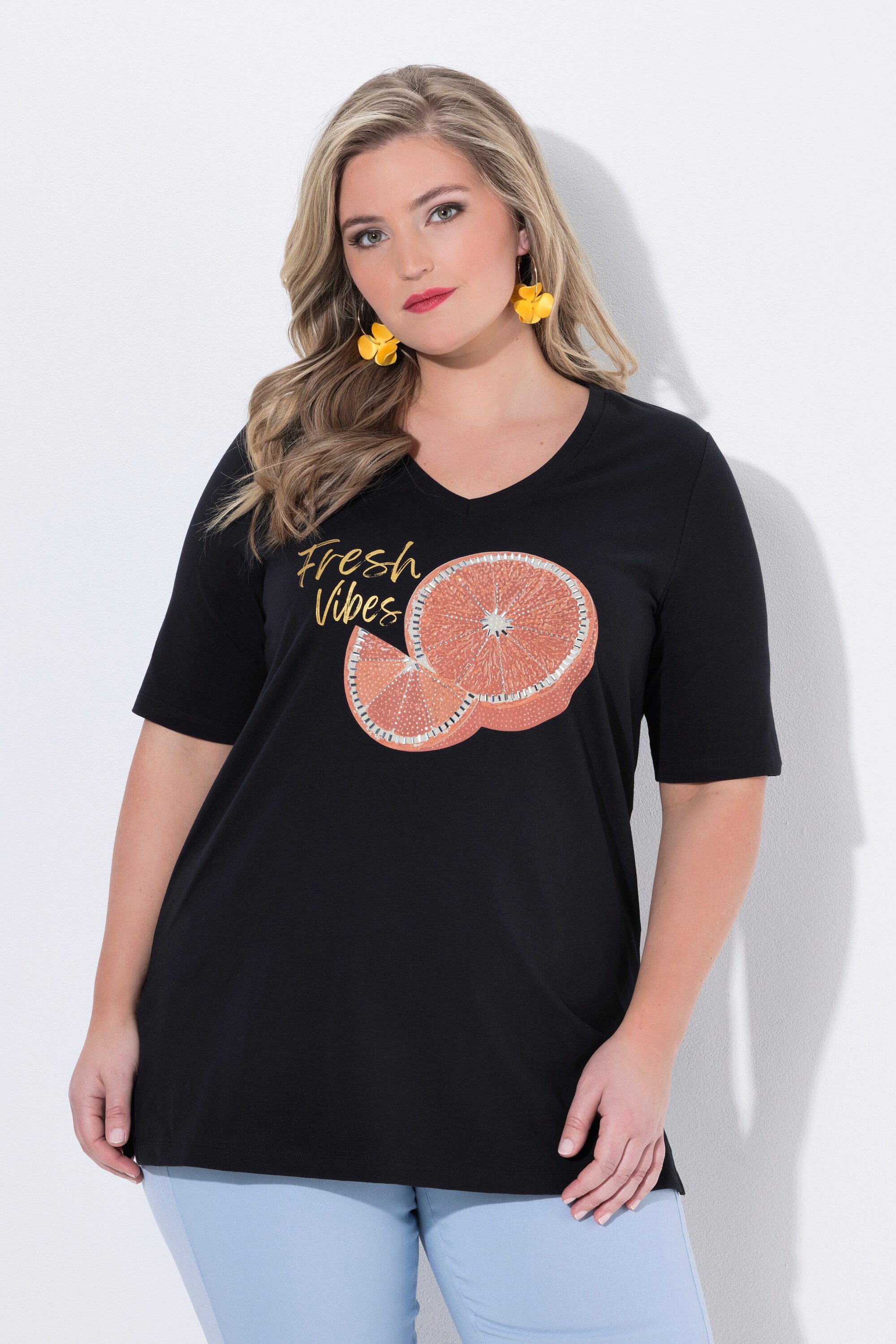MIAMODA T-Shirt T-Shirt A-Linie verzierte Orangen Applikation