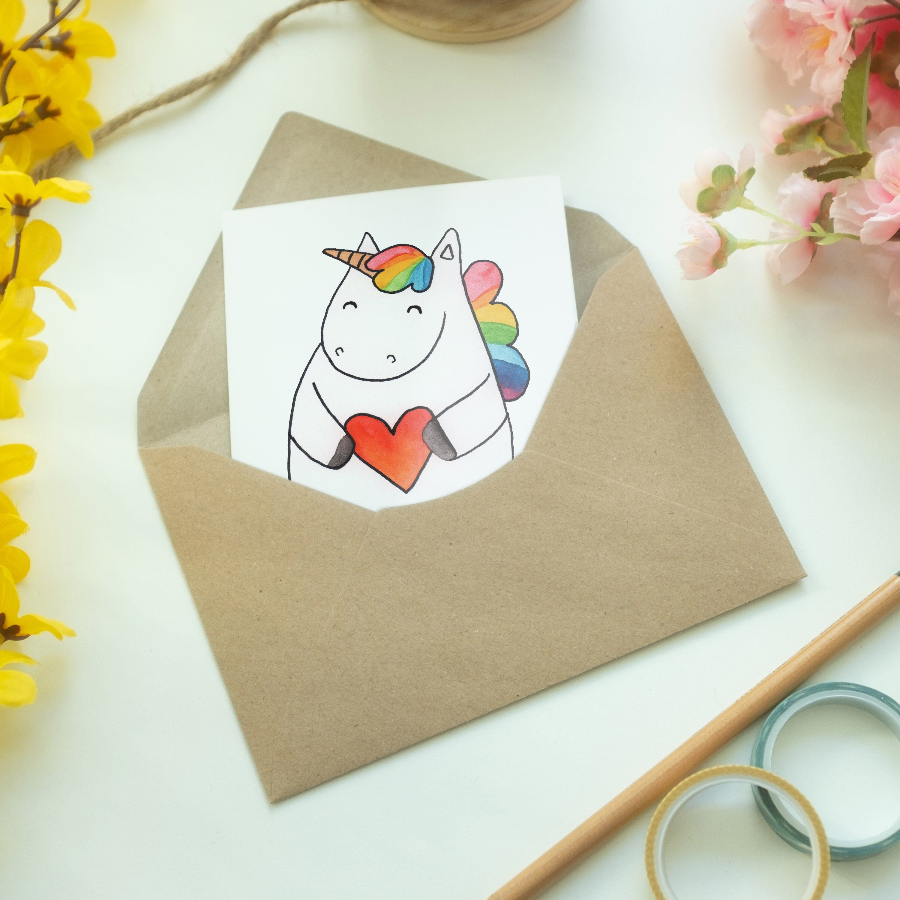 Grußkarte Panda & - Weiß Einhorn Geburts Mrs. Herz Mr. Geschenk, Klappkarte, - Glückwunschkarte,
