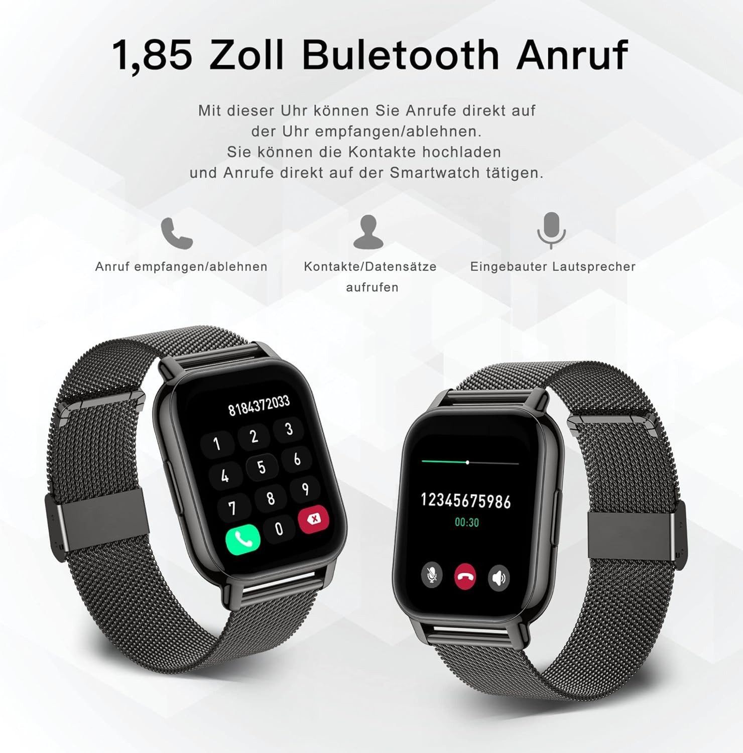 Zevelora Damen's und Herren's Fitness-Tracker Blutdruckmess Smartwatch (1,85 Zoll, Android/iOS), mit austauschbarem weichem Silikonarmband, mit SpO2 Herzfrequenz Schrittzähler Schlafmonitor, Musikwiedergabe