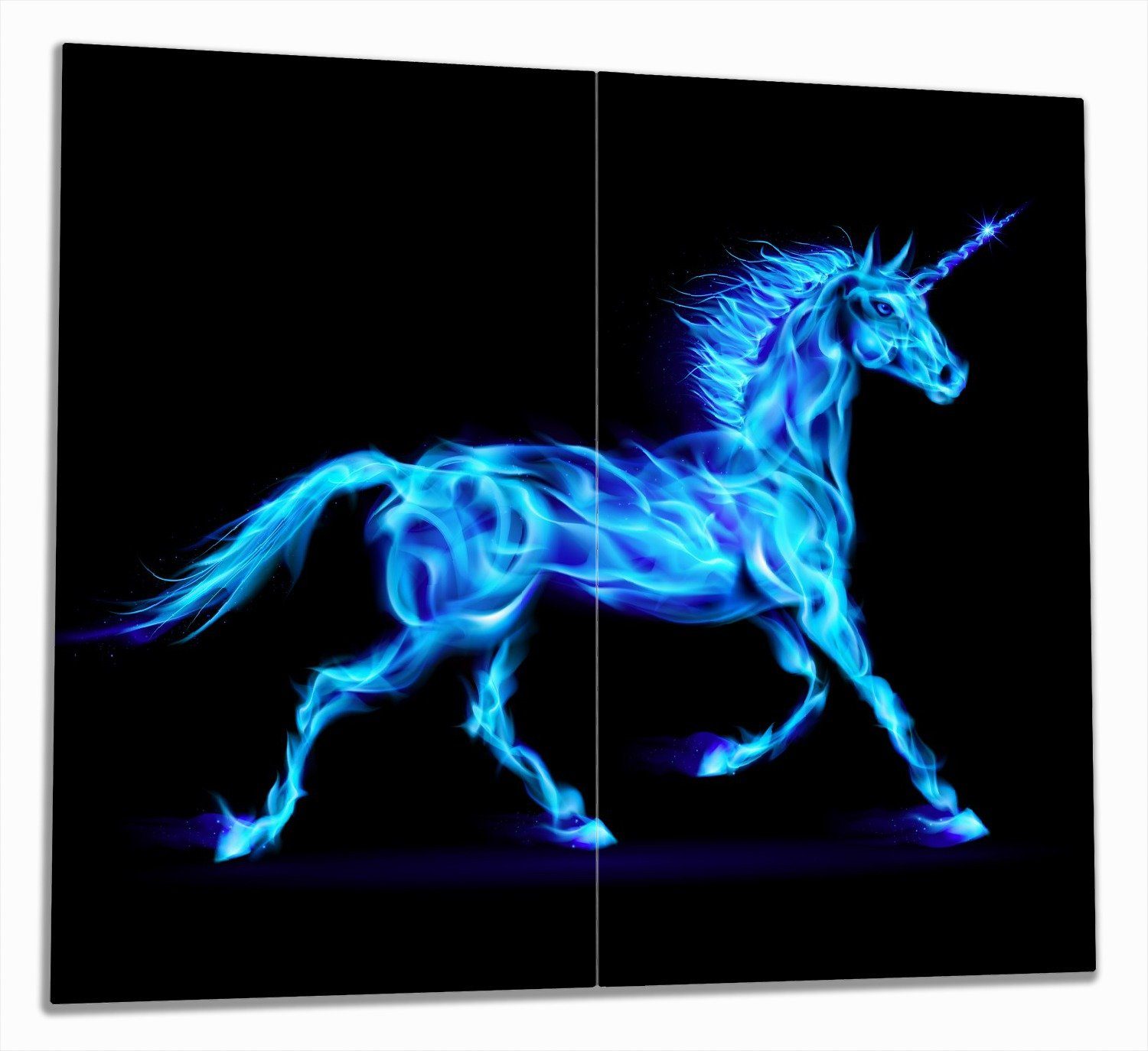 Wallario Herd-Abdeckplatte Design Einhorn - aus blauen Flammen, ESG-Sicherheitsglas, (Glasplatte, 2 tlg., inkl. 5mm Noppen), verschiedene Größen