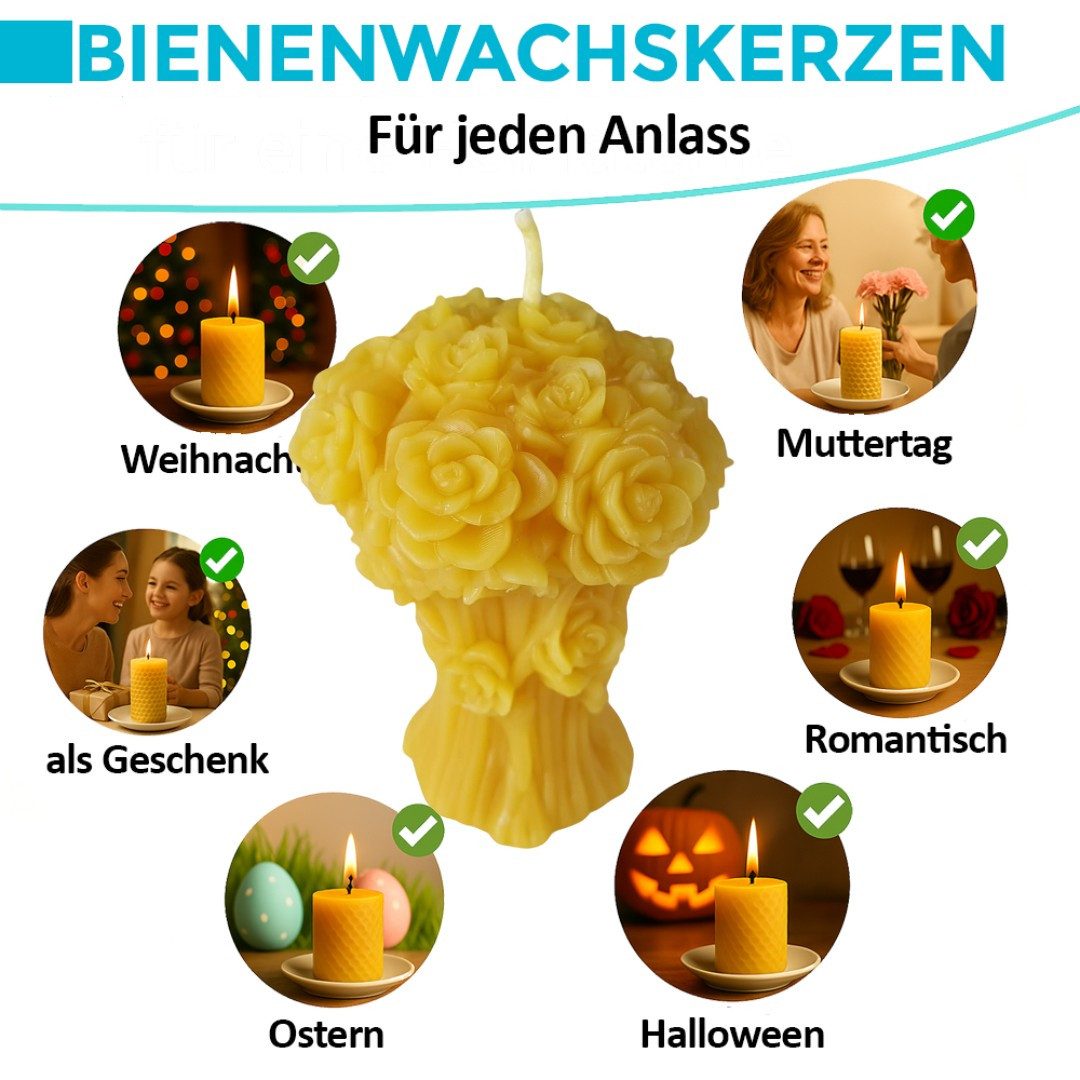 Aspinaworld Formkerze Bienenwachskerze - Rosen Kerze Strauß 9 cm - Bienenwachs - Honigkerze