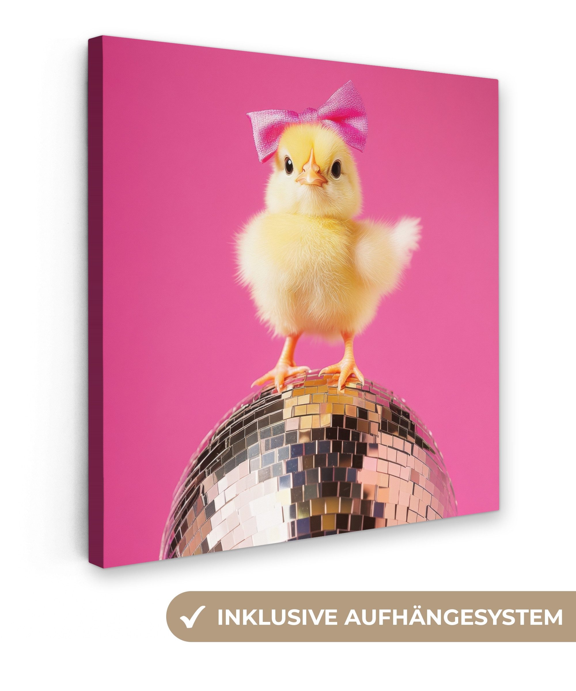 OneMillionCanvasses® Leinwandbild Discoball - Küken - Schleife - Ostern Dekoration, Fotodruck (1 St), Wandbild, Deko Schlafzimmer Wohnzimmer Flur 20x20 cm