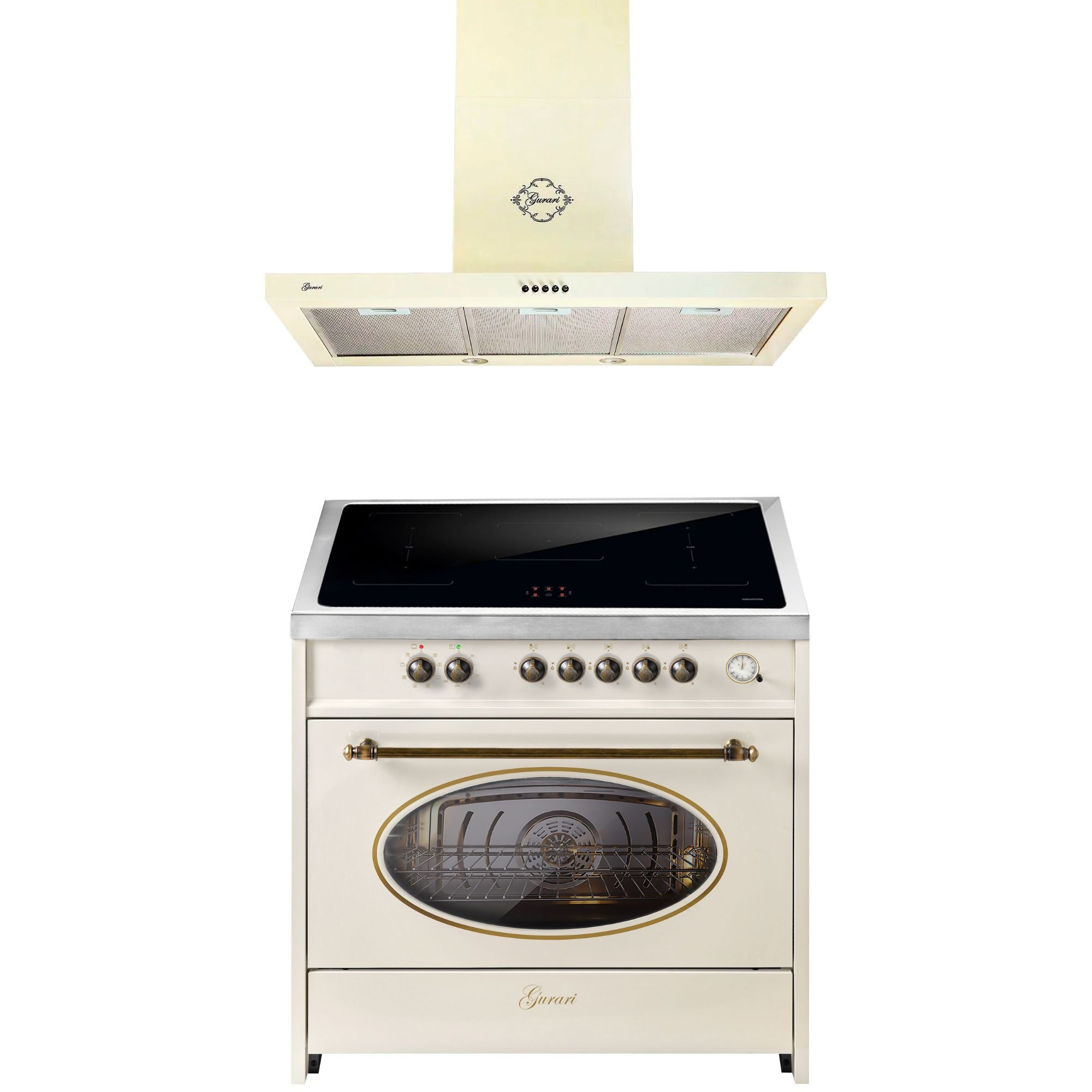 GURARI Induktions Herd-Set Retro Range Cooker 90 cm, FLEX ZONEN, Booster, 5 Zonen, 121L E 913 RU CR+Dunstabzugshaube 90 cm E 913 RU CR+GCH 461 BG 9., mit 1-fach-Teleskopauszug
