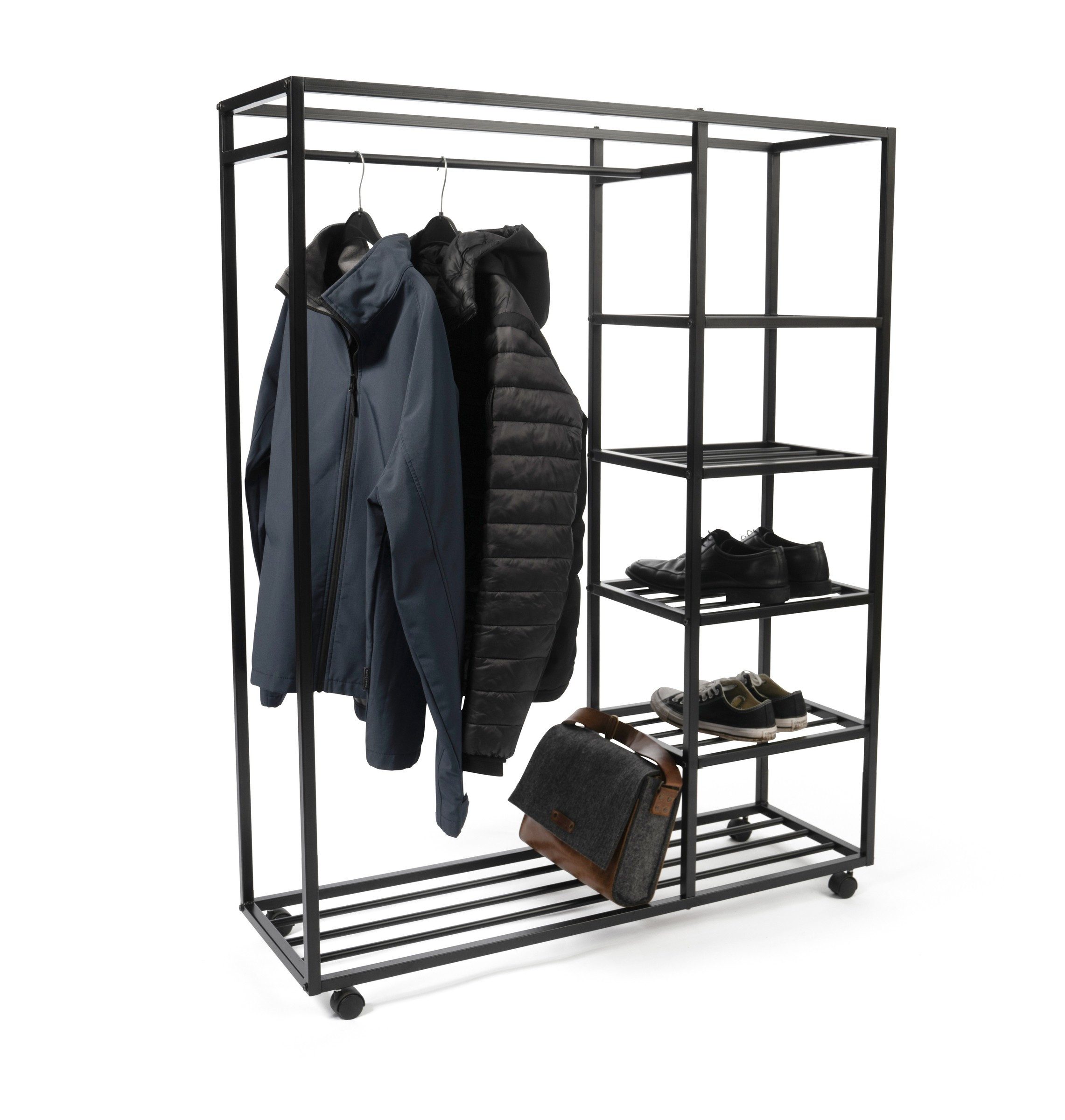 möbelando Kleiderständer Andorra, (BxHxT: 110x140x35 cm), aus Metall in schwarz mit 5 F?chern