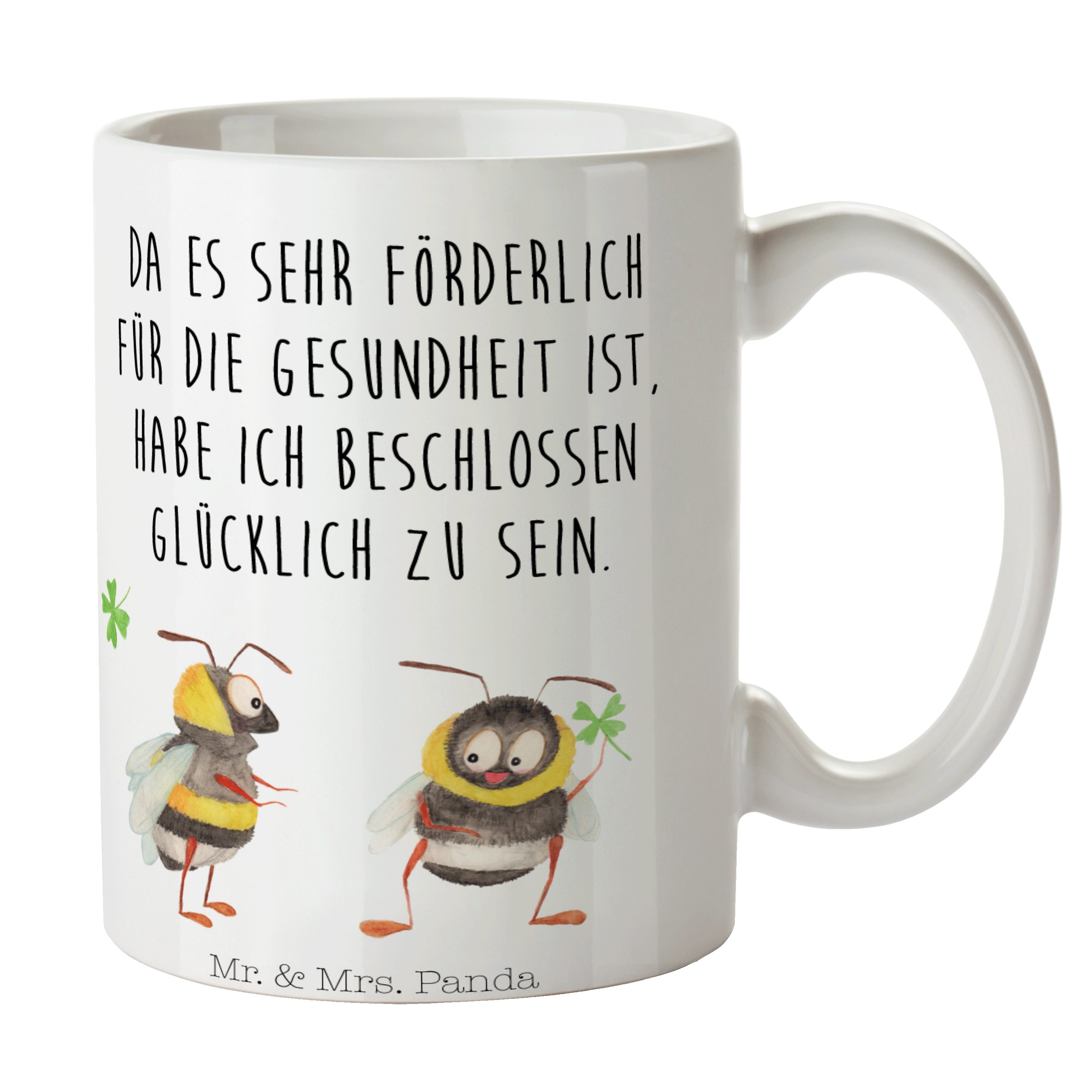 Mr. & Mrs. Panda Tasse Hummeln mit Kleeblatt - Weiß - Geschenk, Tasse Motive, Biene Deko, Ti, Keramik