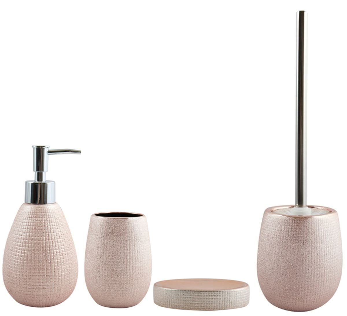 MSV Badaccessoires-Sets Bad-Zubehör-Set SHANGHAI, Keramik, rosé gold, elegantes Design, 4 tlg., bestehend aus: WC-Bürste, Seifenspender, Zahnputzbecher, Seifenschale