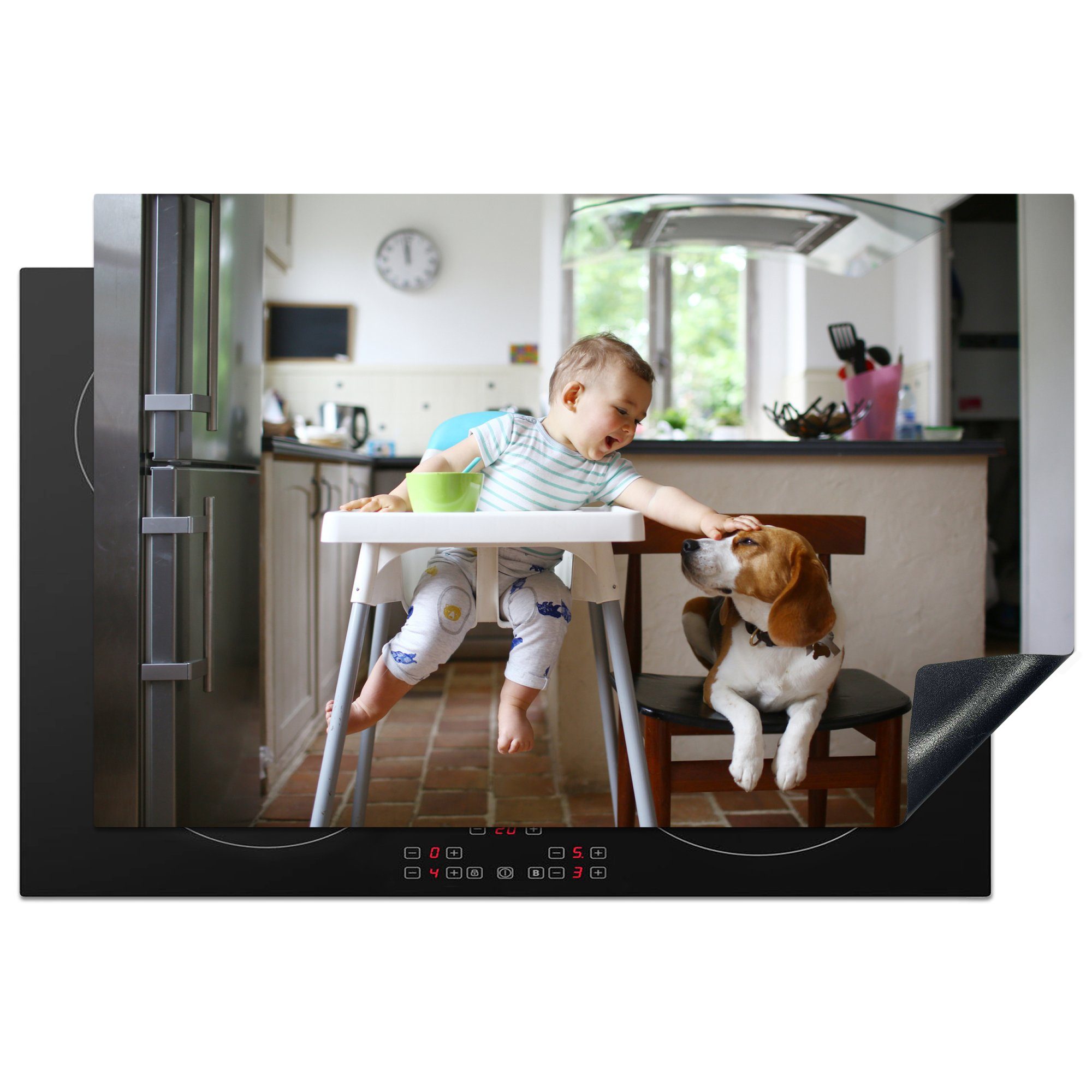 MuchoWow Herdblende-/Abdeckplatte Baby - Hochstuhl - Hund, Vinyl, (1 tlg), 81x52 cm, Induktionskochfeld Schutz für die küche, Ceranfeldabdeckung