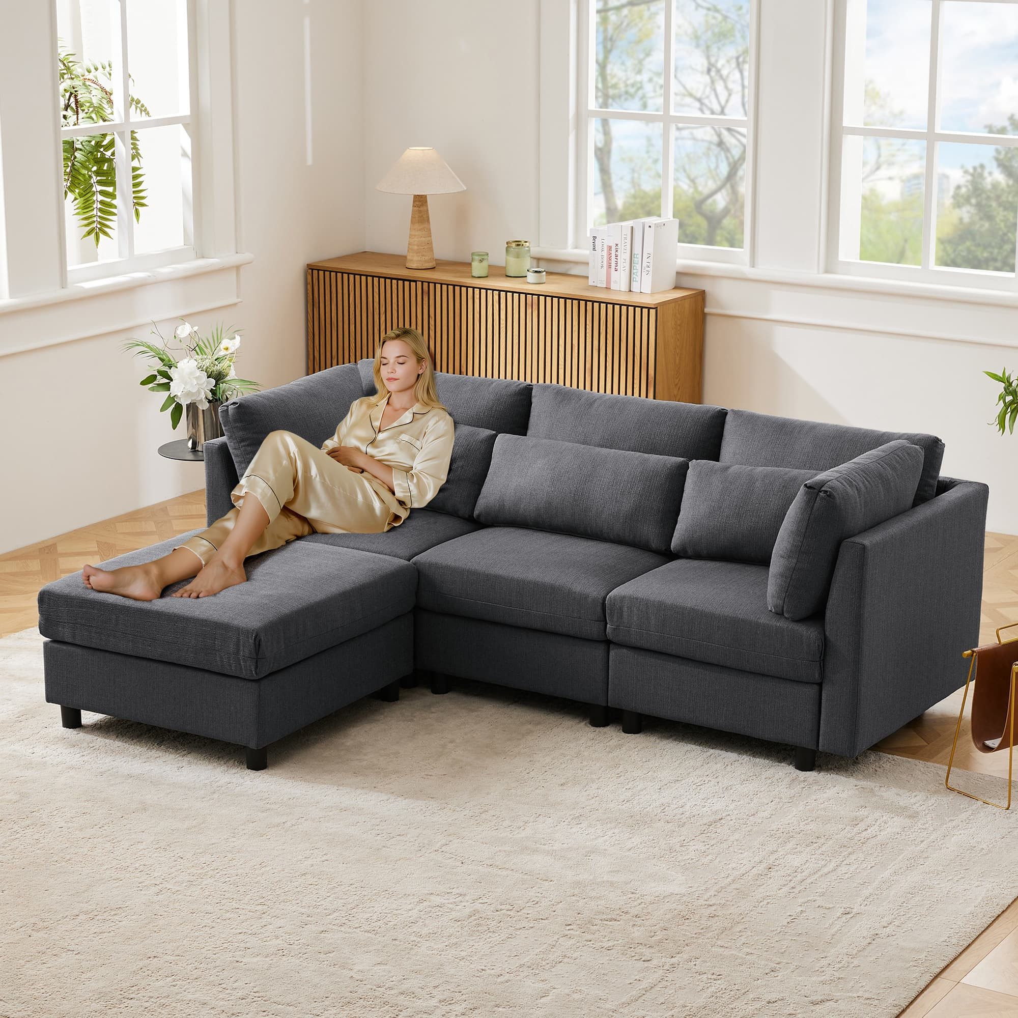 autolock Ecksofa 3-Sitzer-Sofa Polstermöbel mit Fußhocker L-förmiges Ecksofa, Dreisitzer-Sofa, Wohnzimmersofa