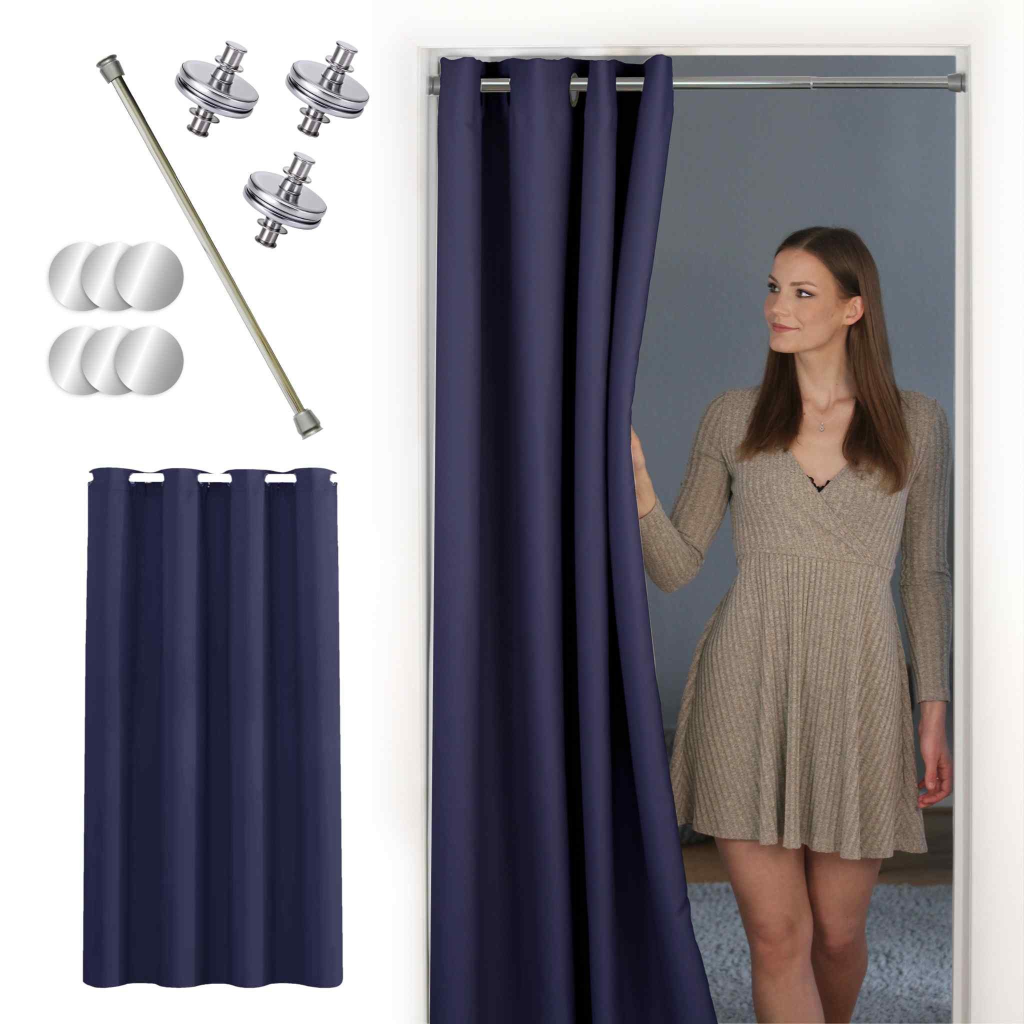 tinycurtains Türvorhang mit Stange silber 55-90 cm ohne Bohren, Thermo Vorhang mit Magneten, Ösen, abdunkelnd, Polyester, blickdicht, dunkelblau Ocean, Türgardine mit Klemmstange, verdunkelnd