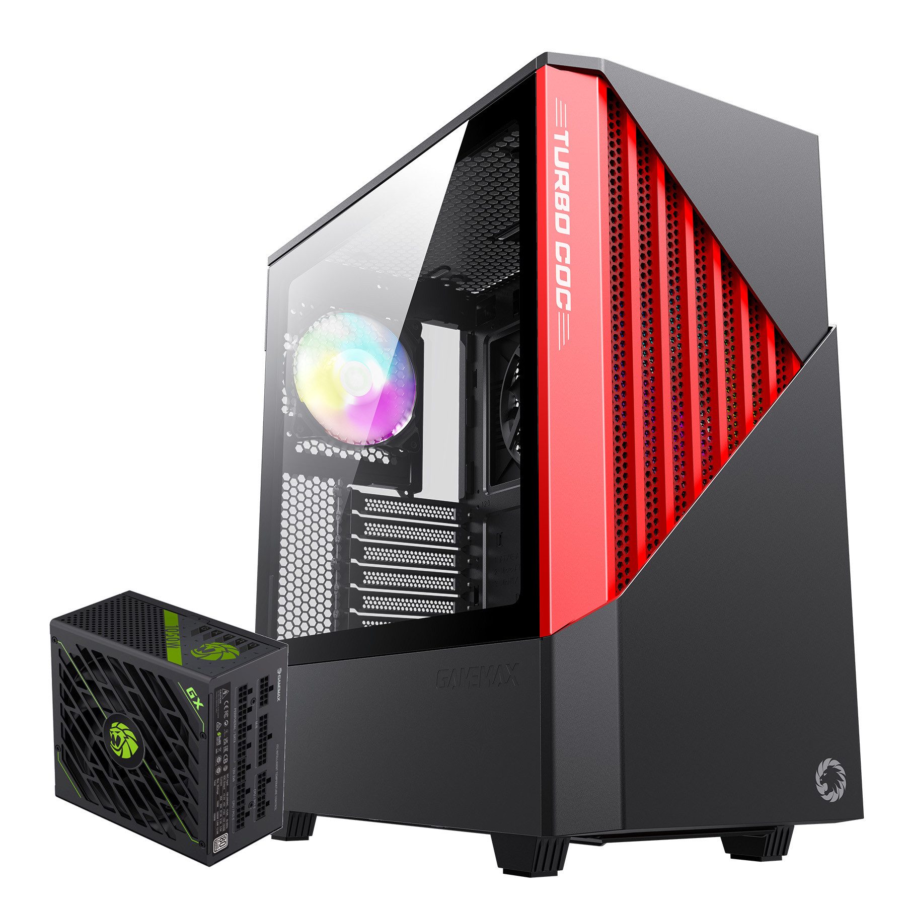 GAMEMAX Gaming-Gehäuse Contac COC Midi-Tower 2x USB3.0 HD-Audio, ATX, gehärtetes Glas, 1050W 80+ Platinum Netzteil vorinstalliert