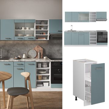 Vicco Küchenzeile R-Line, Blau-Grau/Weiß, 240 cm mit Arbeitsplatte