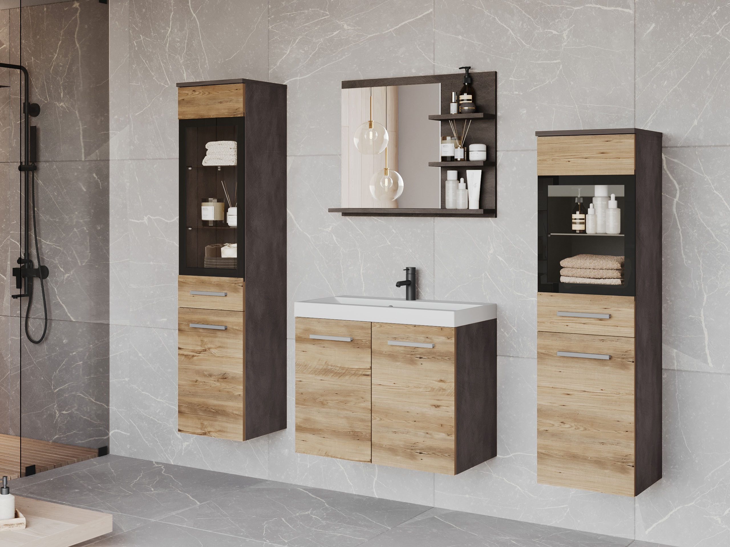 MIRJAN24 Badmöbel-Set Madrit I, (5er-Set, Schrank, 2x Hochschrank, Regal mit Spiegel, Waschbecken mit Siphon), Beleuchtung als Option