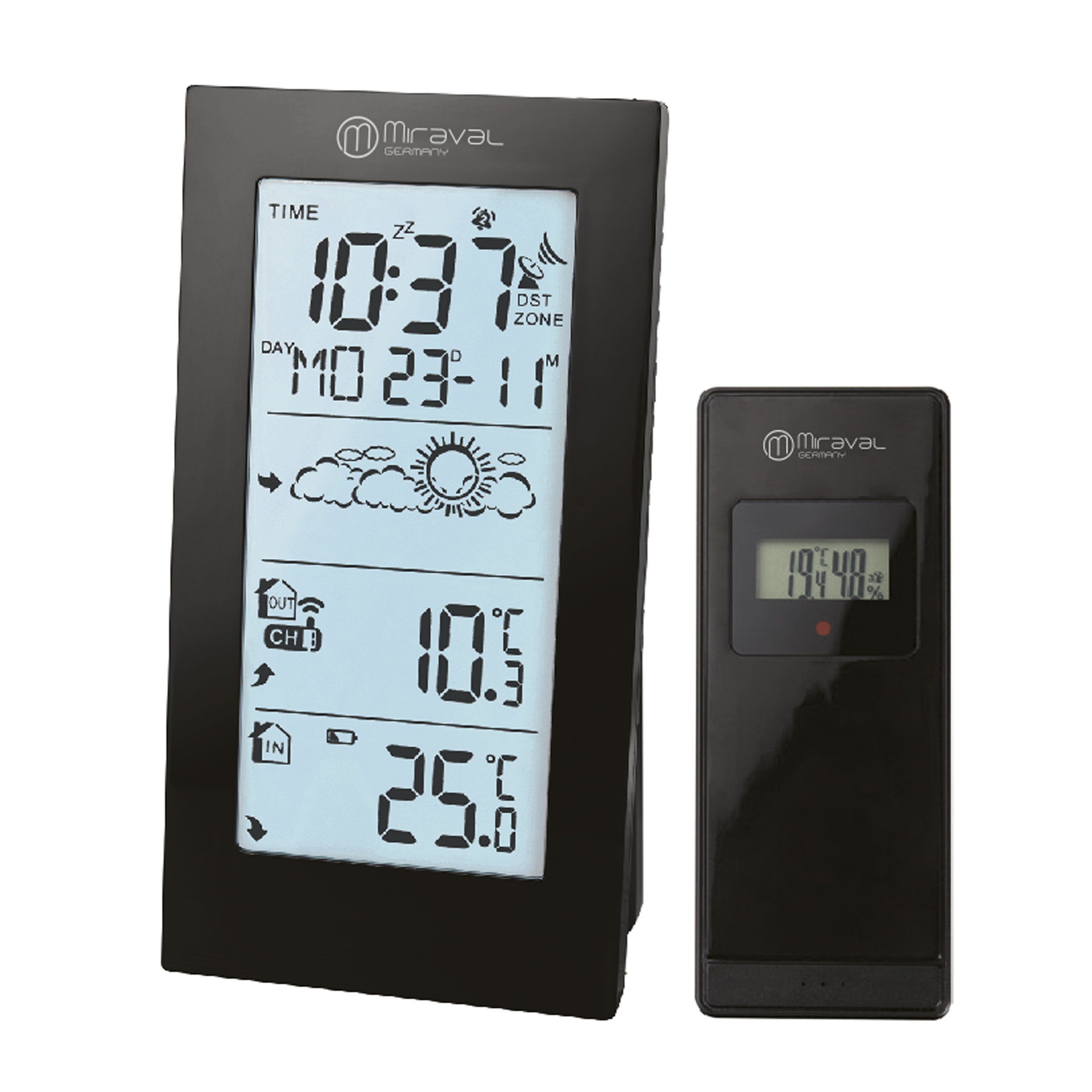 Miraval Klimamesser Miraval Funk-Wetterstation Basic, (Inklusive Akku), DCF77, Außensensor, Wetteranzeige, 2 Alarme
