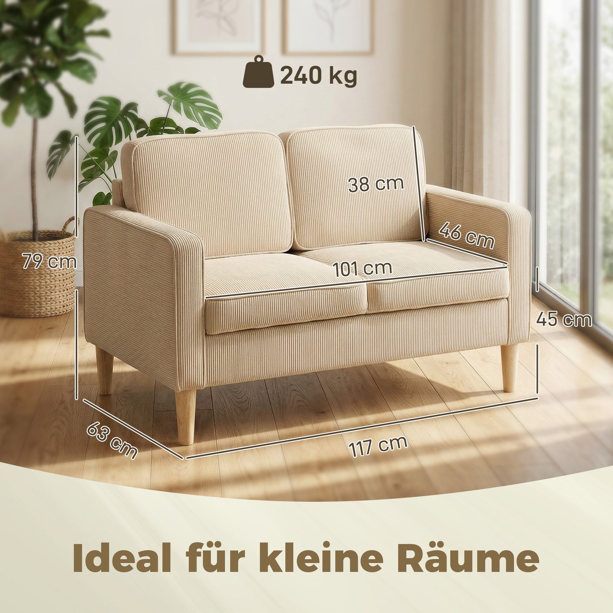 HOMCOM Loveseat Modern Polstersofa mit 2 Wurfkissen Stauraum Massivholzfüßen (Couch, 1-St., 2-Sitzer Sofa), aus Corduroy für Wohnzimmer, Schlafzimmer, Beige 117 x 63 x 79 cm