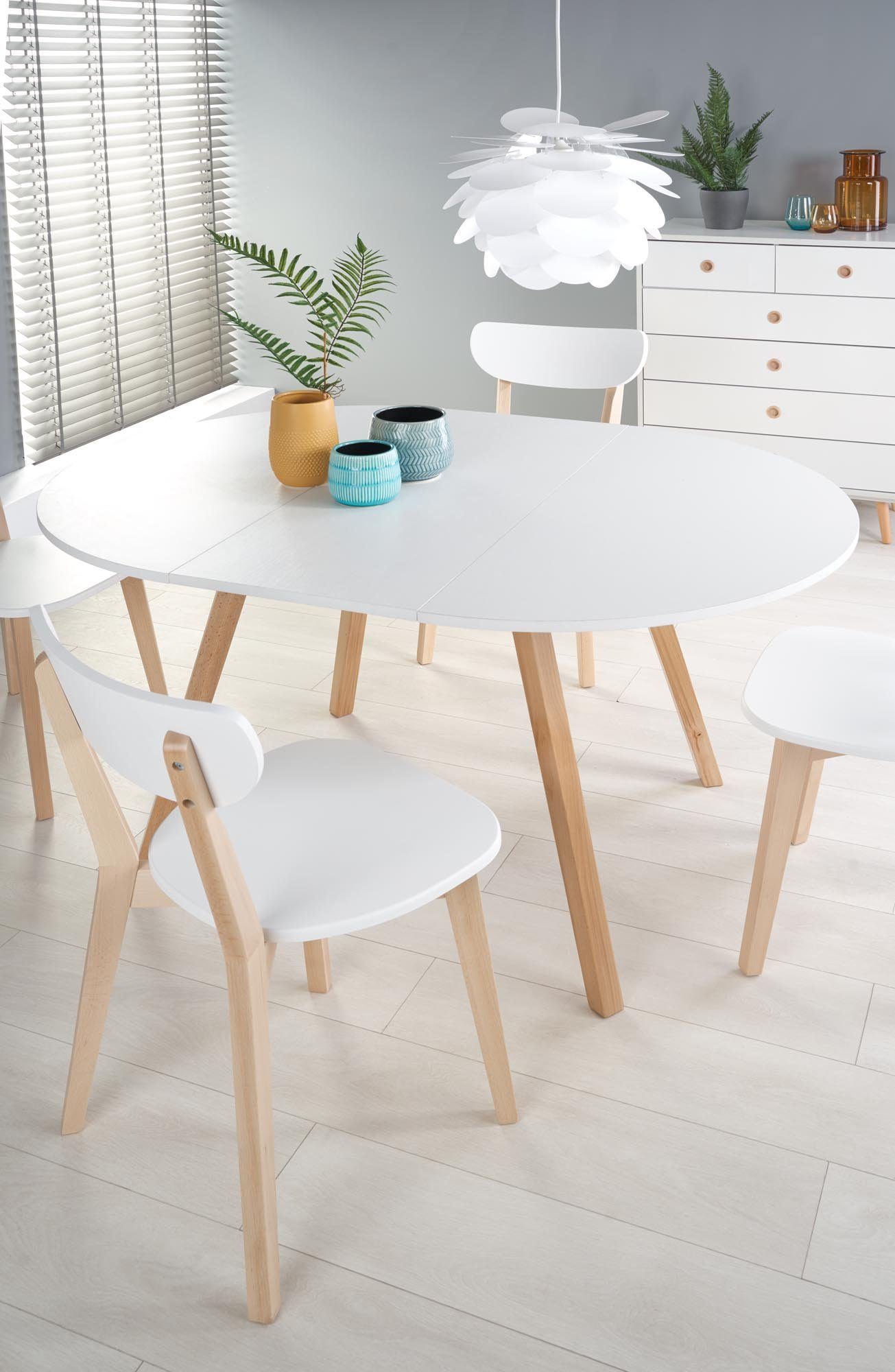 102-142cm designimpex - ausziehbar HAR-111 Esstisch Honigeiche Tisch rund Weiß matt Design
