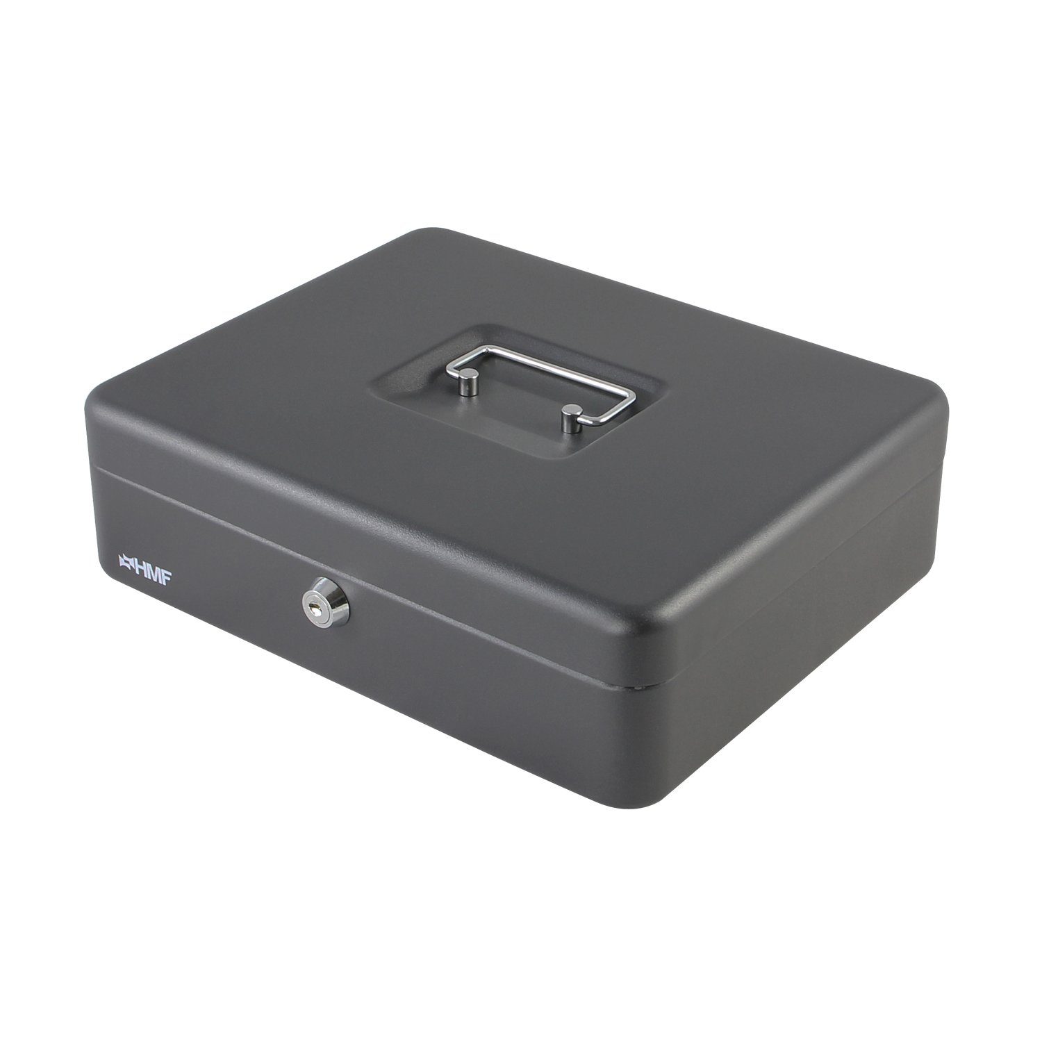 HMF Geldkassette und abschließbare Münzeinsatz Geldbox mit schwarz robuste Scheinfach, Bargeldkasse 30x24x9cm mit Schlüssel