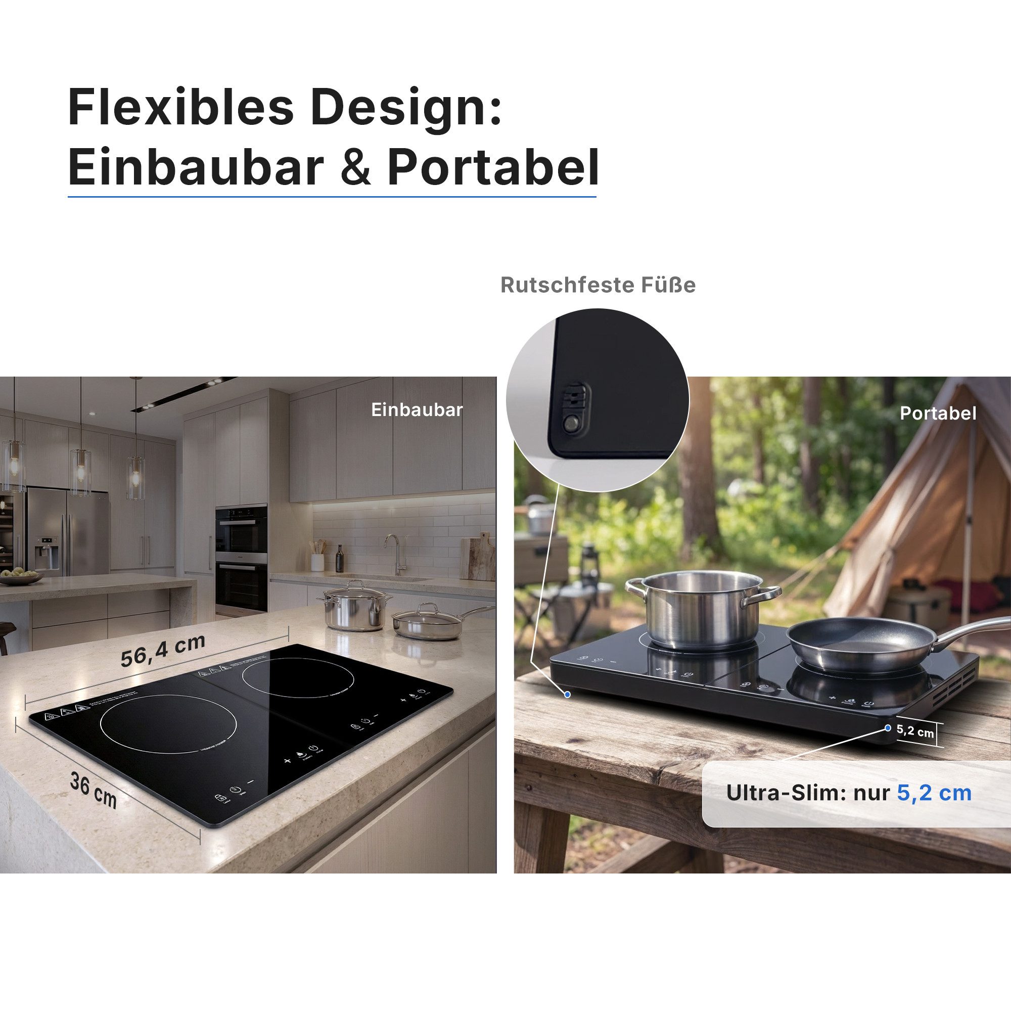 Allyson Doppelkochplatte Doppel Induktionsplatte, Mobiles Induktionskochfeld 2er Kochplatte, Einbaubar & mobil, 3500W Power, 10 Stufen, flaches Kristallglas-Design