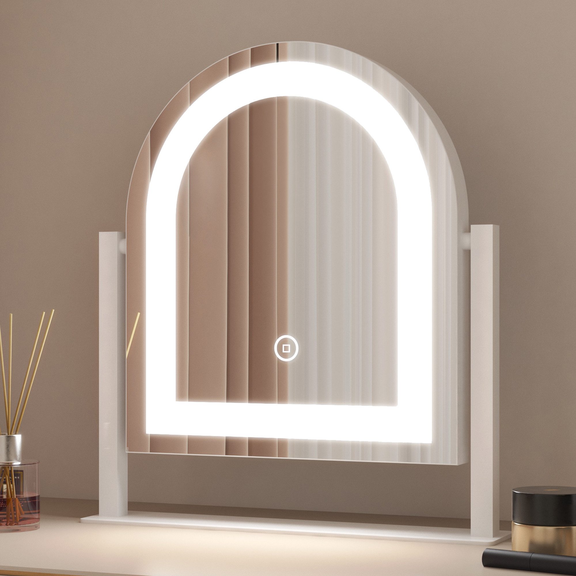 WDWRITTI Schminkspiegel mit beleuchtung Rund Bogen LED Kosmetikspiegel (Tischspiegel, 3Lichtmodi+Dimmbar+Memory), 360°Drehbar, mit Netzadapter