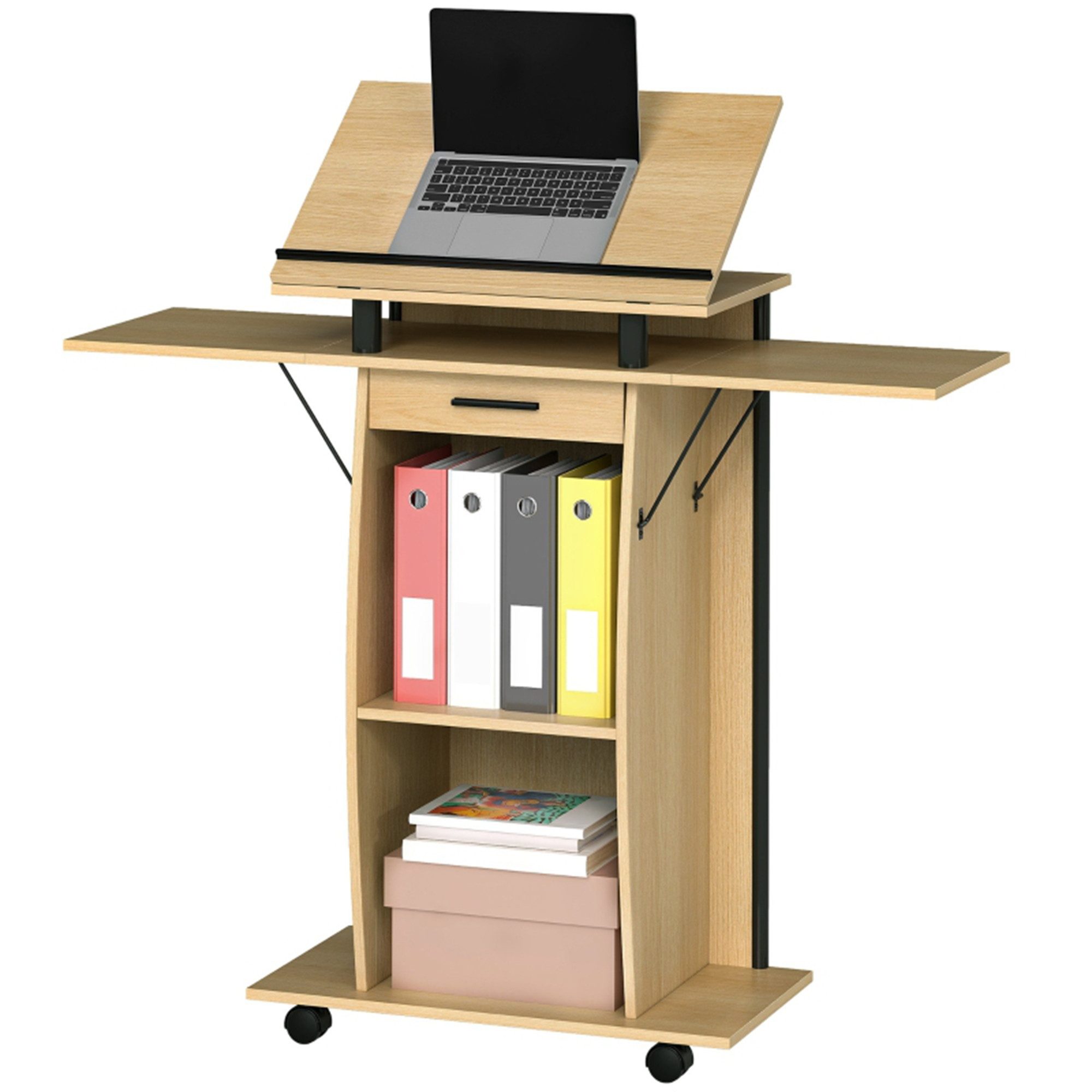 MC Star Stehpult Rollbarer Podiumsständer, Redepult mit klappbaren Seitenflügeln (Laptop-Tisch mit Schublade und Regalen, Eichenoptik)
