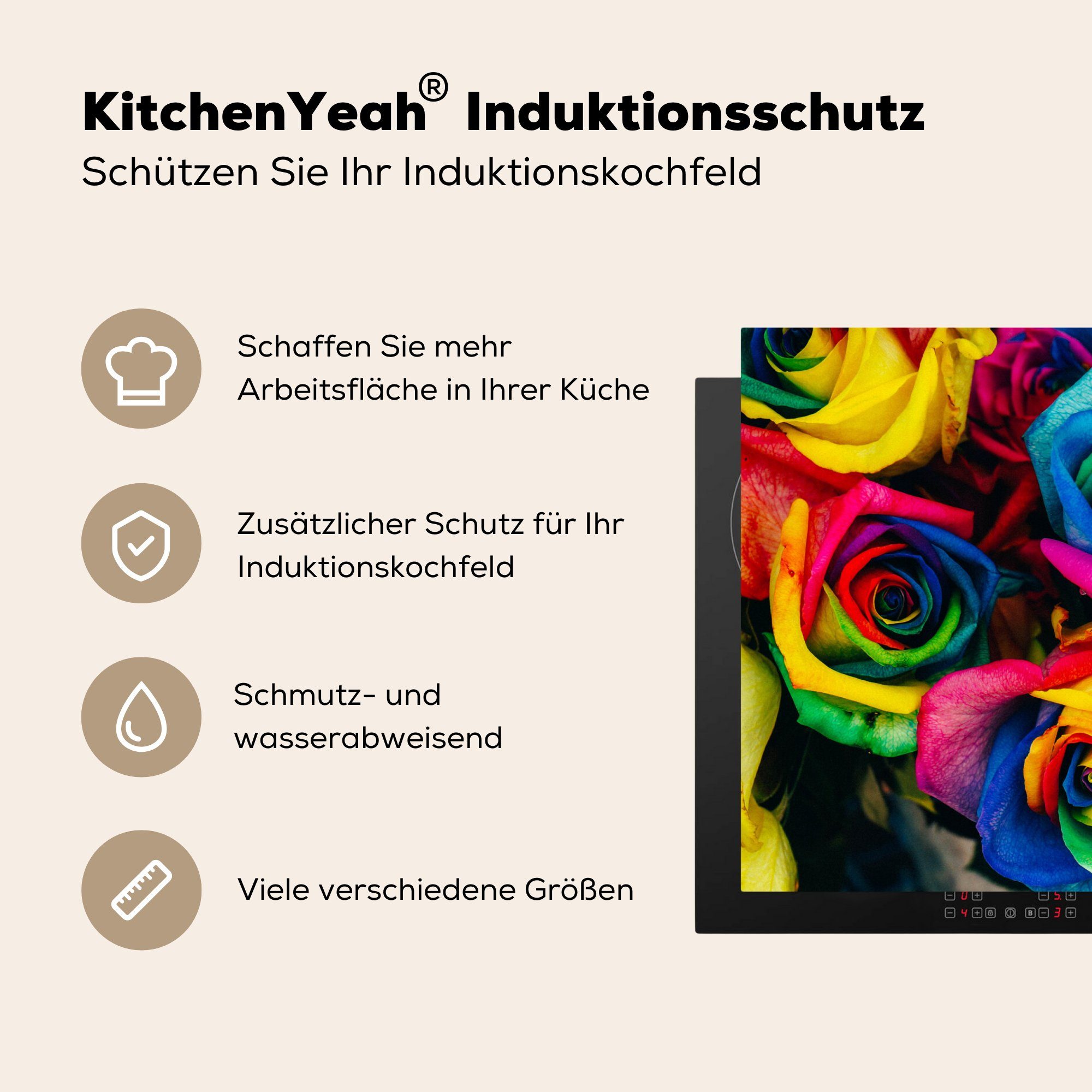 MuchoWow Herdblende-/Abdeckplatte küche, für die (1 tlg), - Vinyl, Gelb Rosen Blau, Induktionskochfeld cm, 81x52 - Schutz Ceranfeldabdeckung