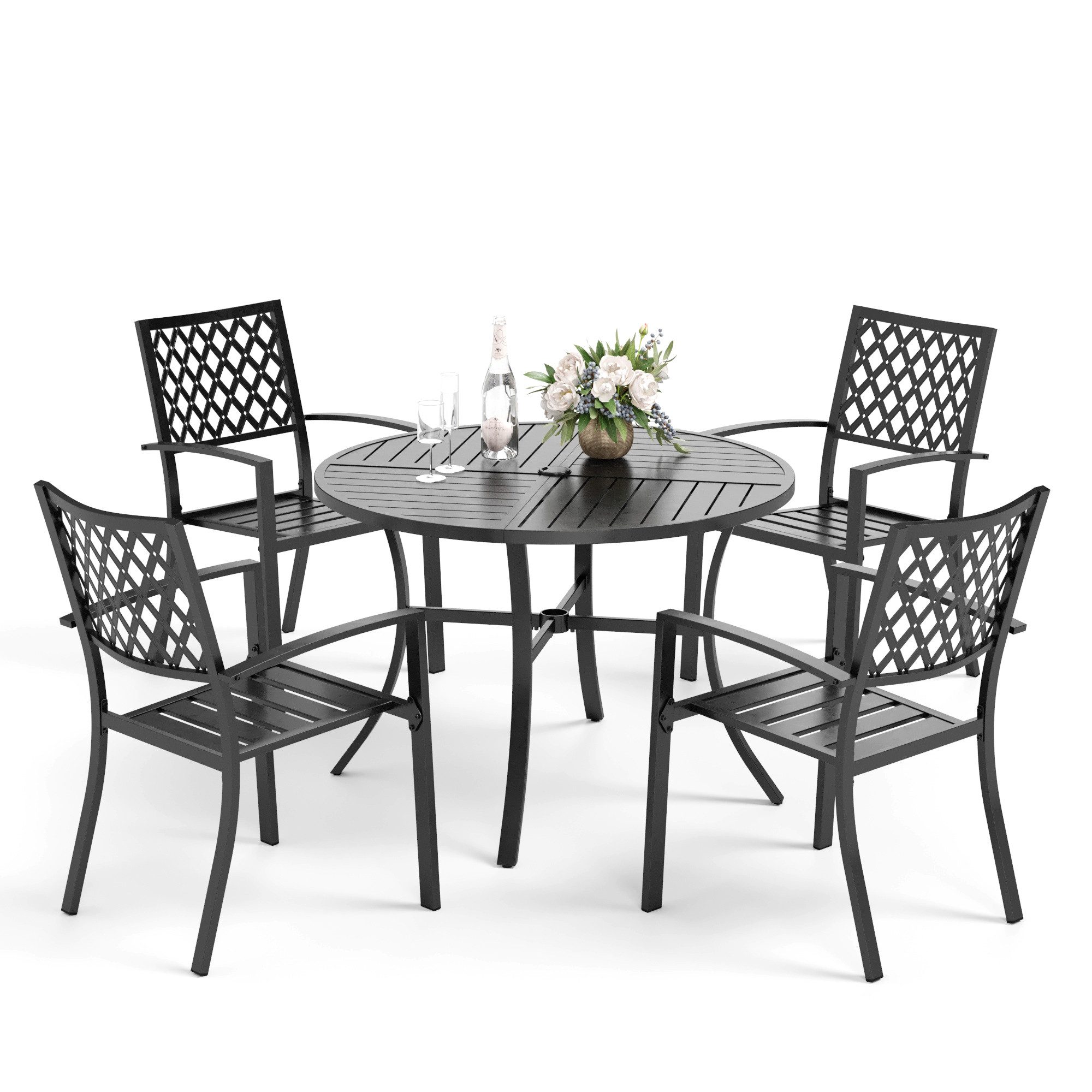 PHI VILLA Garten-Essgruppe, (4 Stühlen und 1 Rund Gartentisch, Outdoor Balkon Gartenmöbel Set), E-Beschichtung Stapelbaren Metallstühlen