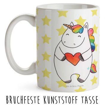 Mr. & Mrs. Panda Kinderbecher Einhorn Herz - Weiß - Geschenk, Freundin, Einhorn Deko, Kinder Tasse, Kunststoff, Mikrowellenbeständig