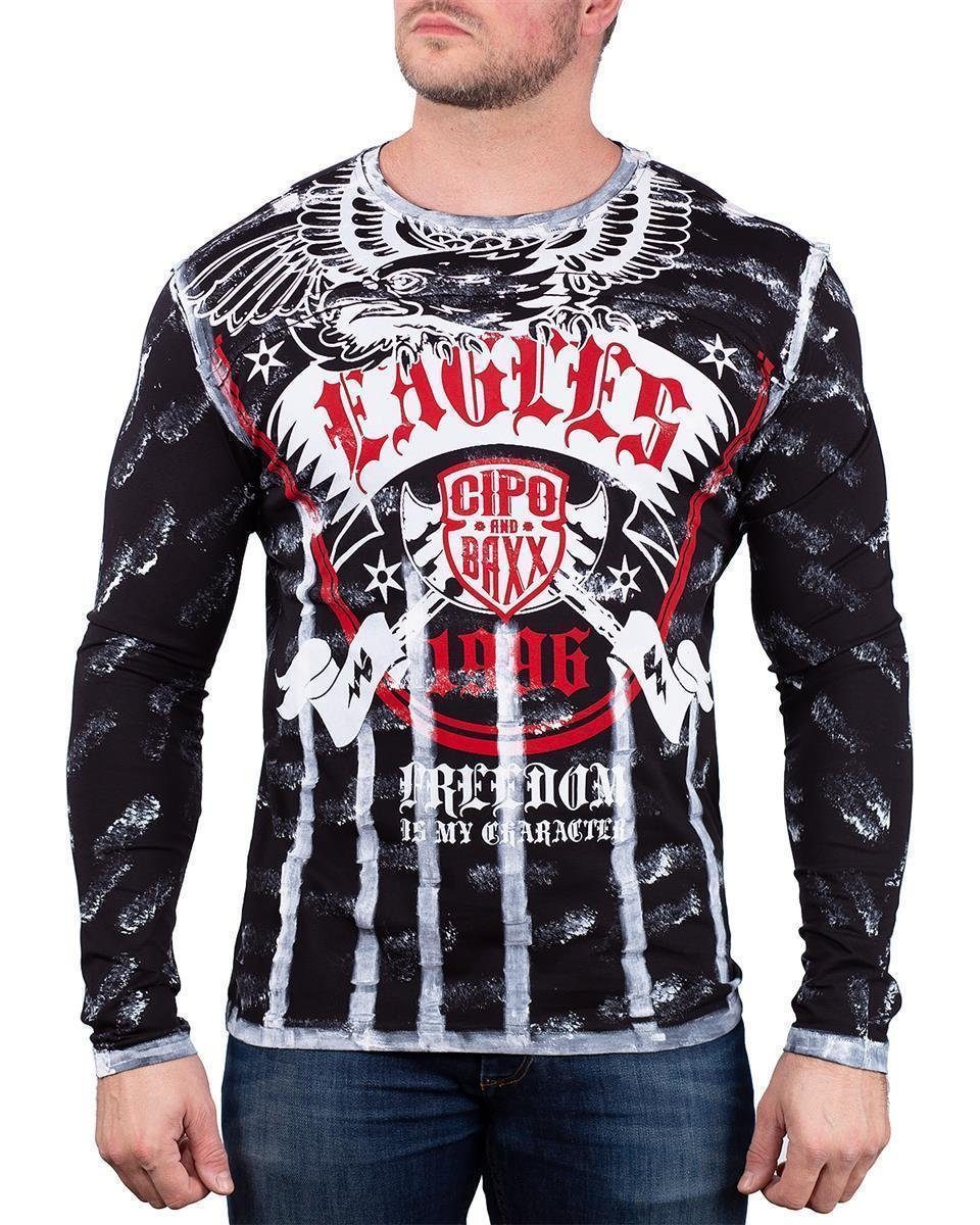Cipo & Baxx Longsleeve Herren regular fit Hemd BA-CL493 Black L mit diversen Prints verziert