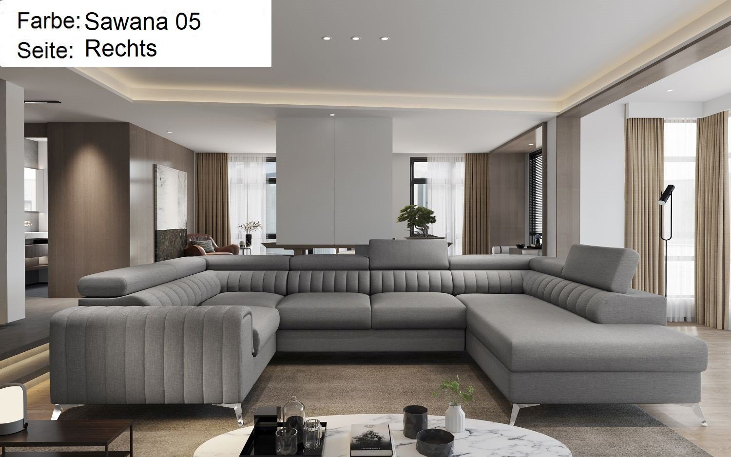 Lukas Möbel Wohnlandschaft Wohnlandschaft Linus mit Schlaffunktion Bettkasten XXL-Sofa in U-Form, mit verstellbaren Kopfstützen