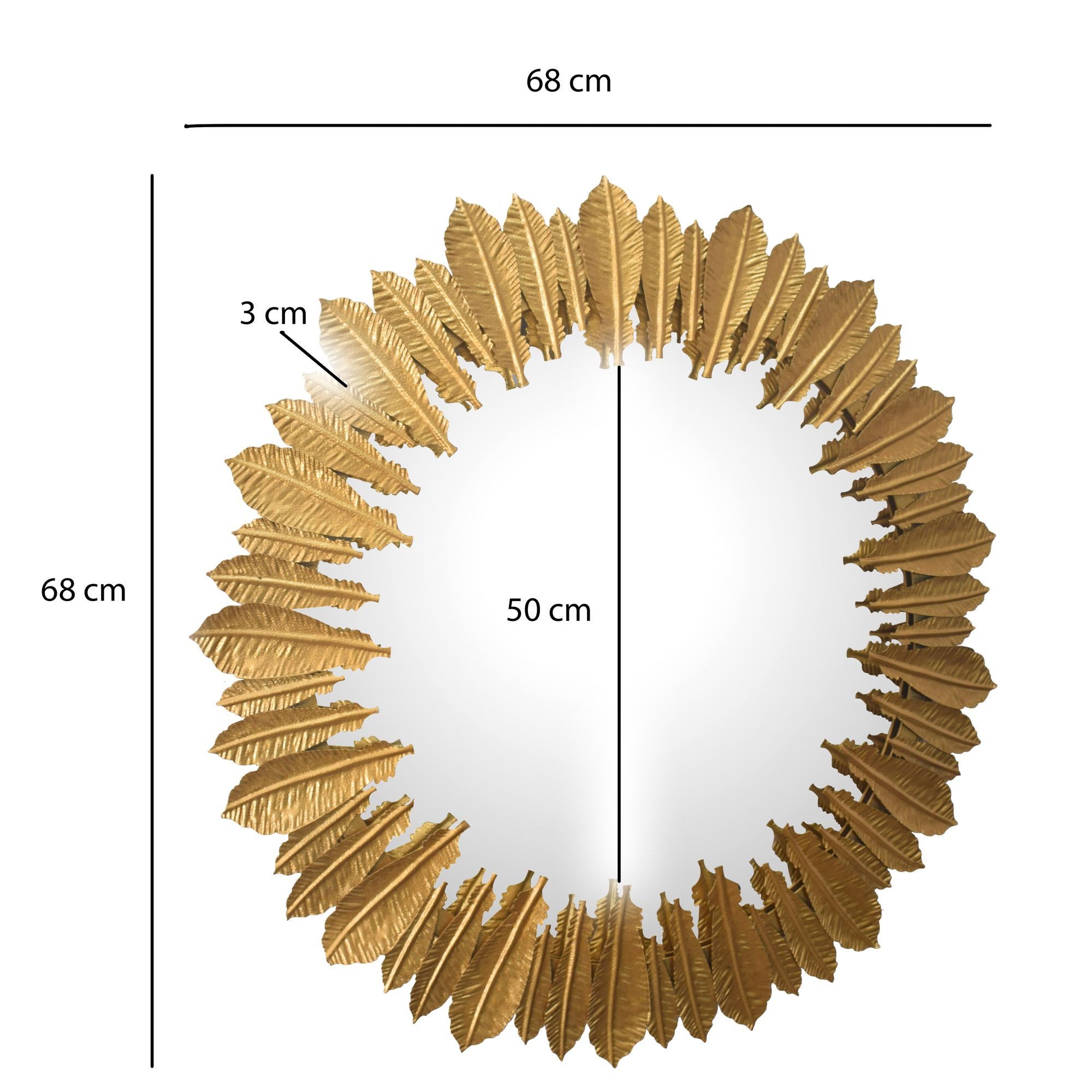 FINEBUY Wandspiegel Flurspiegel Federn Metall 68 cm Spiegel Flur Hängespiegel FB102186 (Hängespiegel Modern, Flurspiegel Garderobenspiegel), Gold Metall 68 cm, Dekospiegel Wand Federn Rund