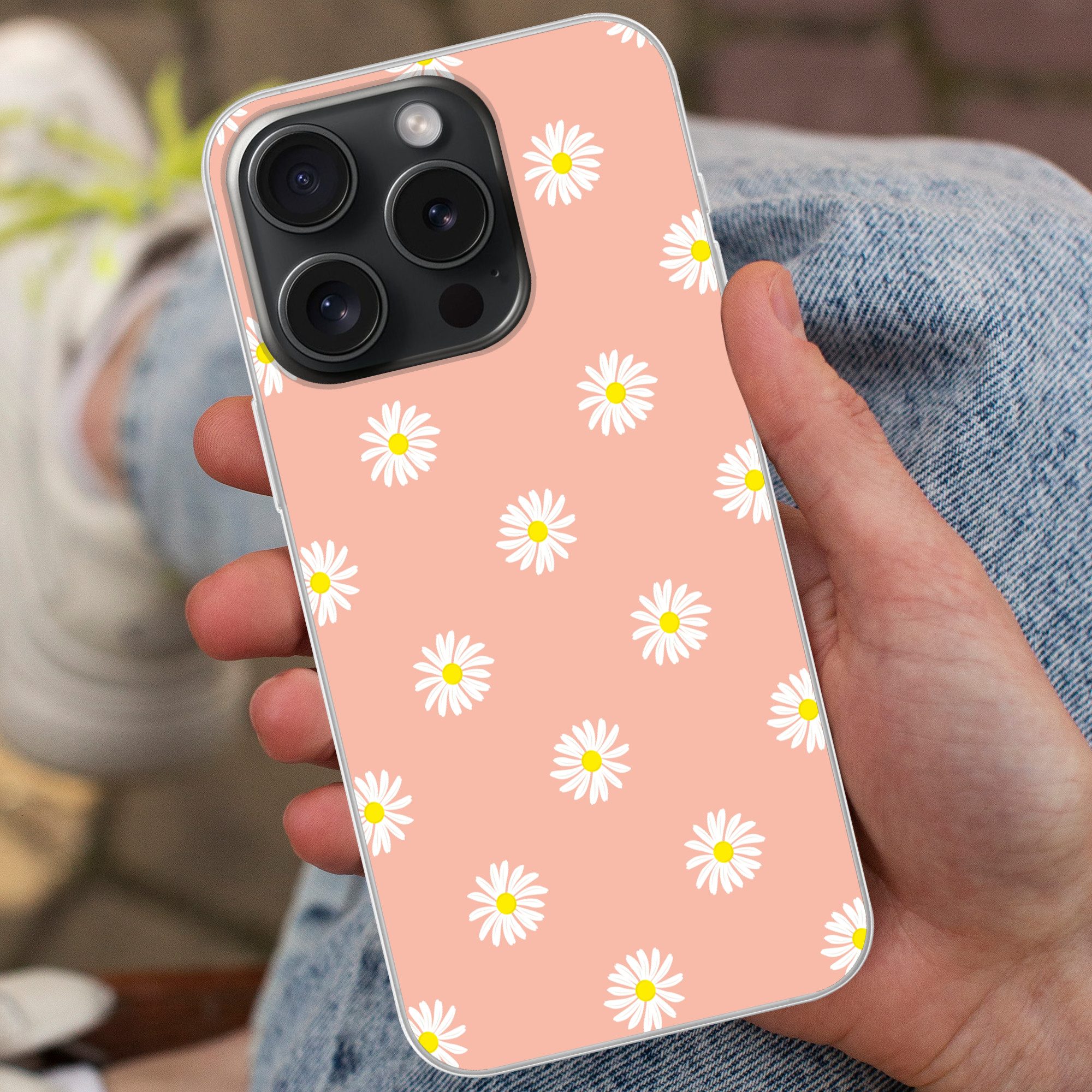 MuchoWow Handyhülle für Apple iPhone 15 Pro Gänseblümchen - Pastell - Weiß - Rosa - Blumen, Smartphone-Bumper, Print, Handy Schutzhülle Dünn