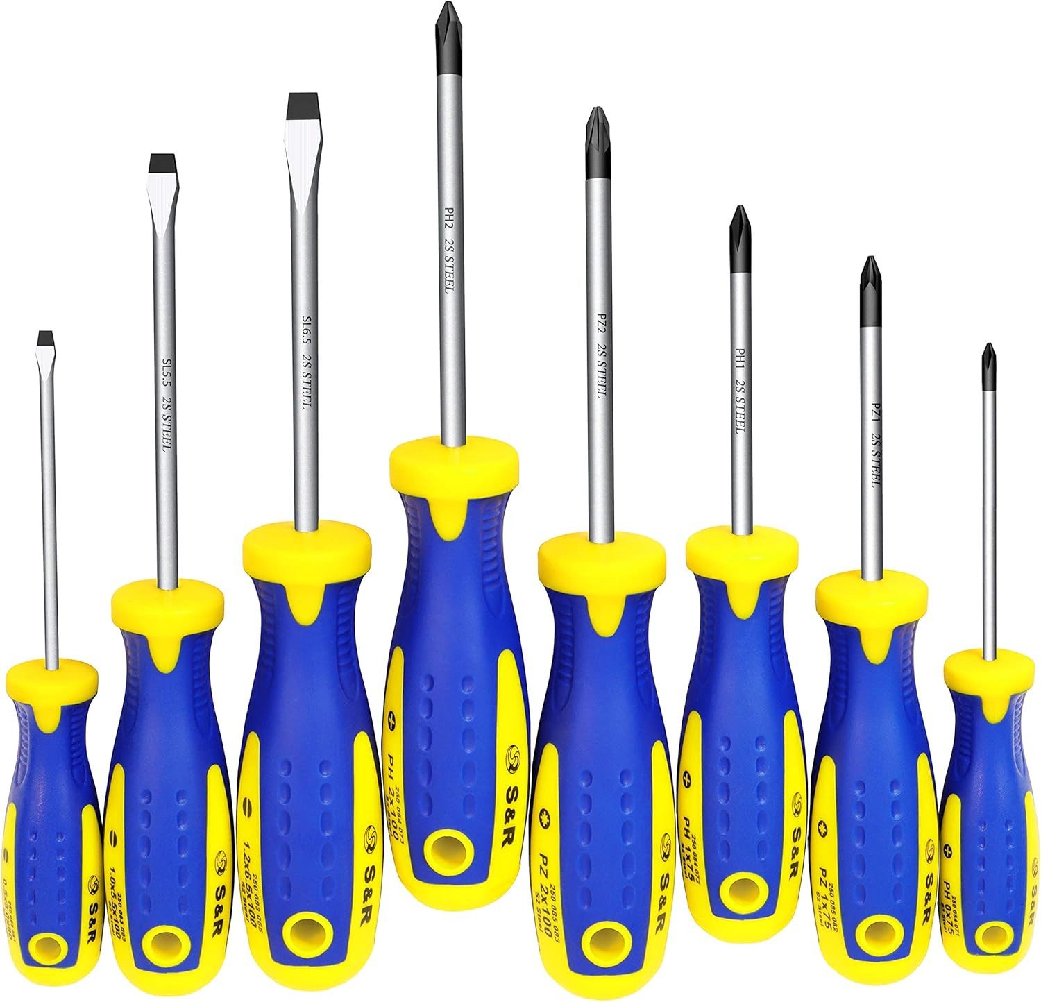 S&R Schraubendreher -Set 8-tlg magnetisch, Kreuzschlitz PH-PZ, Schlitz SL, Profiqualität, (Satz, 8 St., 3x Schlitz und 5x Kreuzschlitz-Schraubendreher), angepasster Ergo-Griff, S2 Spezialstahl Klingen hochlegiert