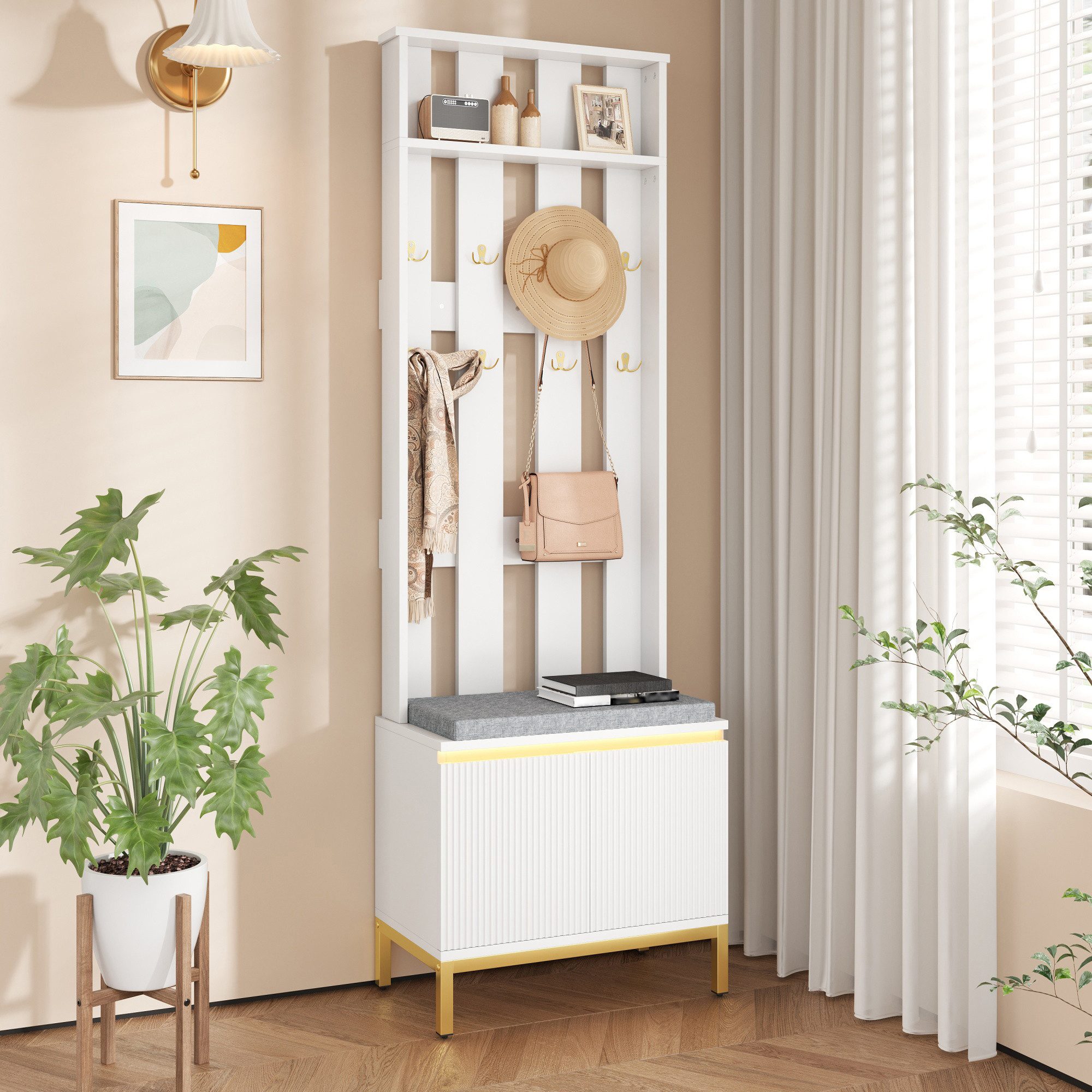 Merax Garderobenständer mit Schuhschrank, gepolsterter Sitzbank und 8 goldenen Doppelhaken, (Wandpaneel Garderobenbank 60x35,5x191,5cm, 1 St), Flurgarderobe mit LED-Beleuchtung & höhenverstellbarem Einlegeboden