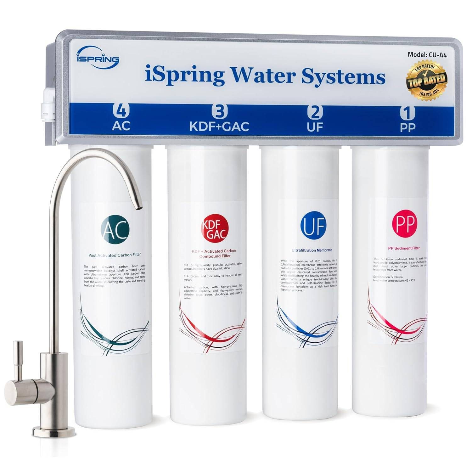 iSpring Wasserfilter CU-A4 tanklose Ultra-Filtration mit 4 Stufen&weicher Edelstahlarmatur