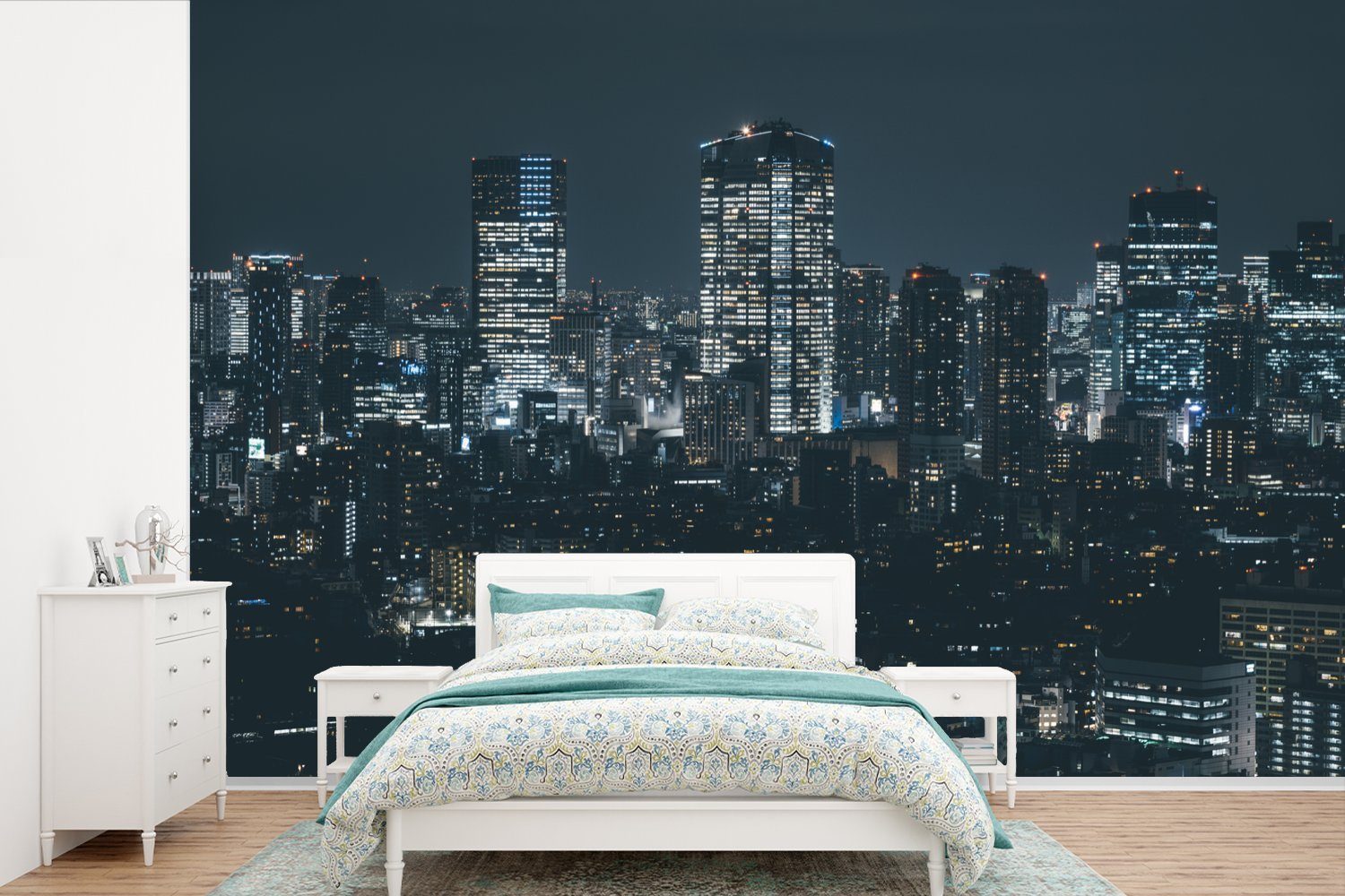 MuchoWow Fototapete Die schöne Skyline von Tokio in Japan bei Nacht, Matt, bedruckt, (6 St), Wallpaper für Wohnzimmer, Schlafzimmer, Kinderzimmer, Vinyl Tapete