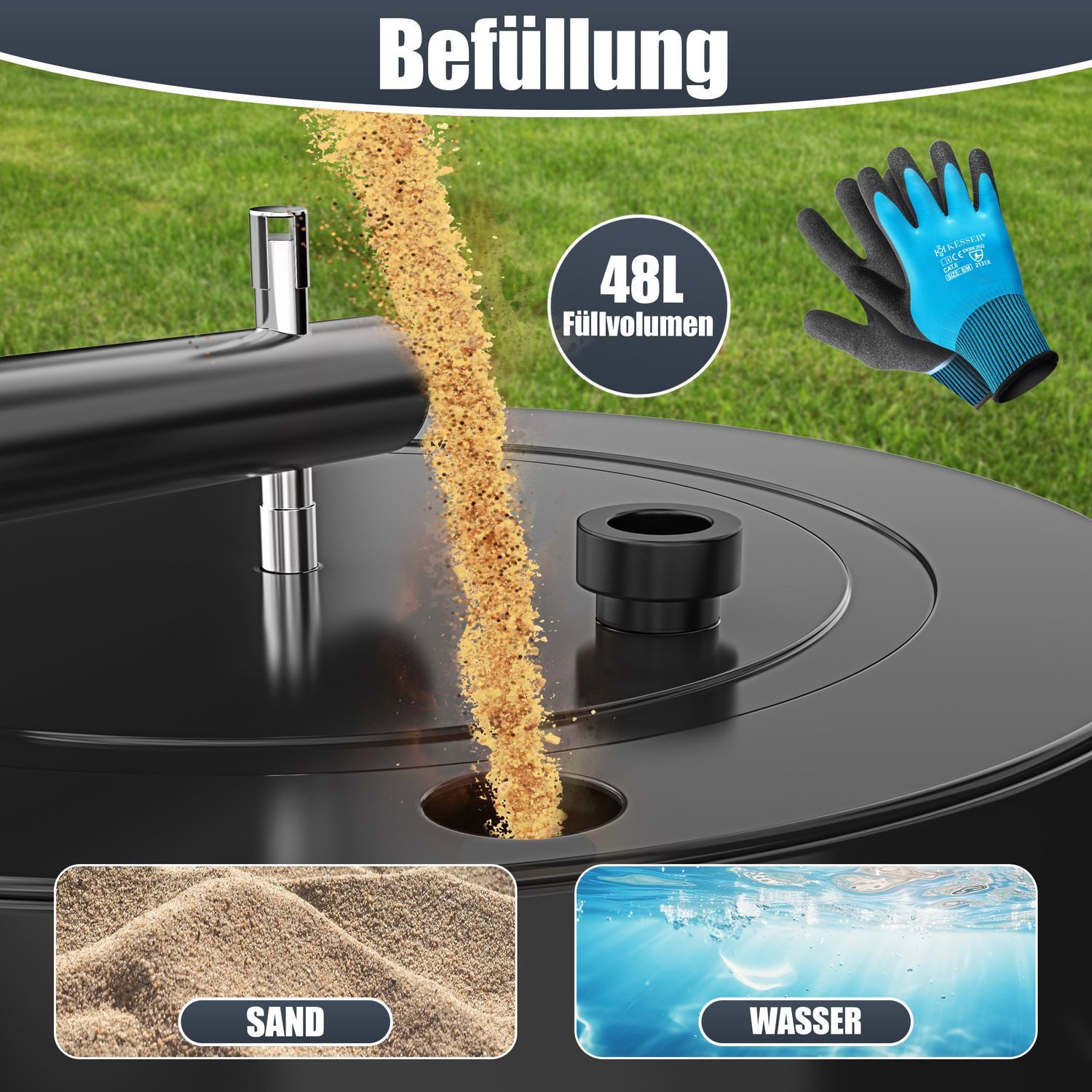 KESSER Rasenwalze Metall befüllbar mit Wasser oder Sand, Rasenroller inklusive 5X Spikes & Handschuhe,Gartenwalze mit 48 Liter Füllvolumen / 60 cm breit Handwalze