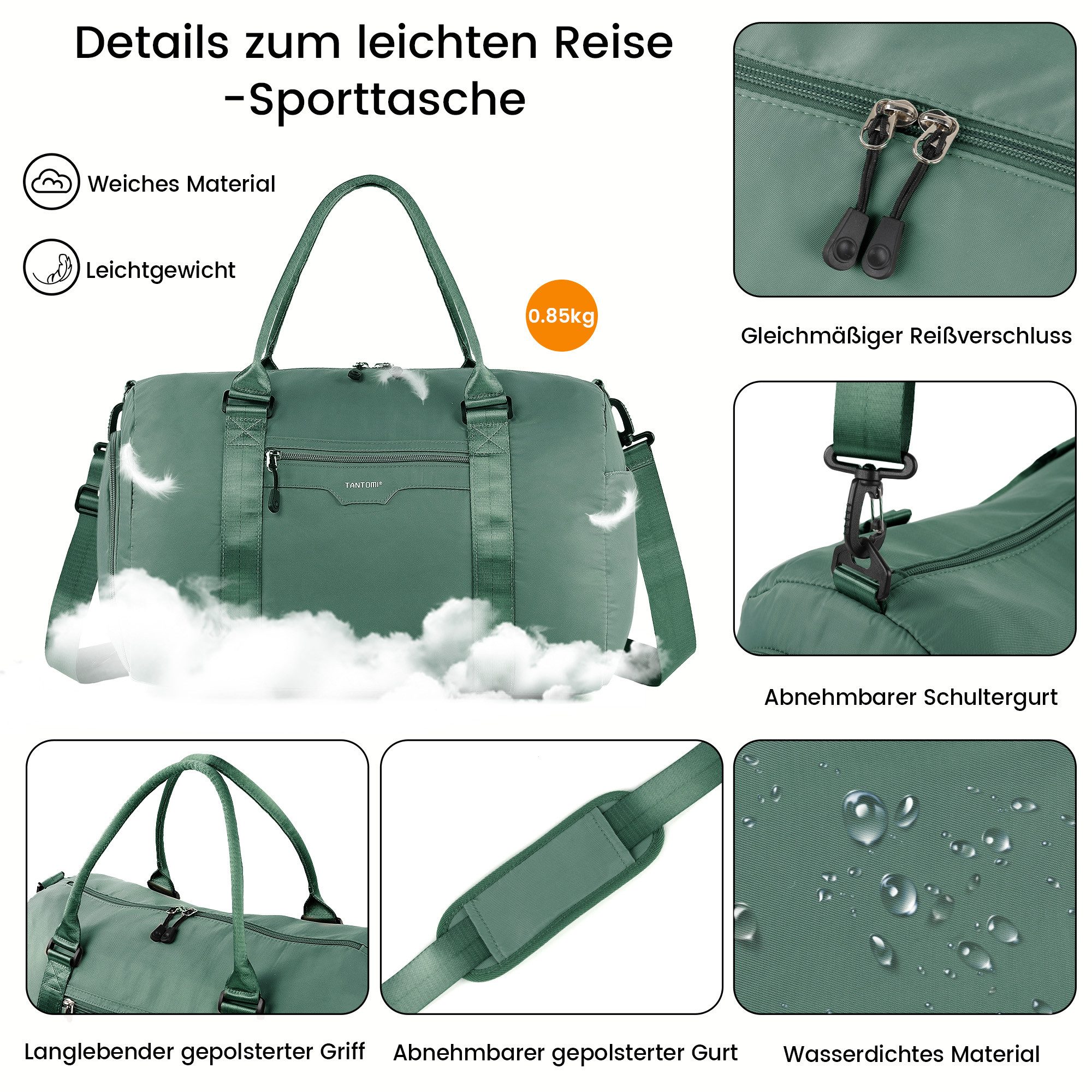 TANTOMI Reisetasche Reisetasche Damen Herren 44.5x20x28, Handgepäck Tasche Flugzeug, Sporttasche, Travel Bag mit Schuhfach und Kulturbeutel – Bild 4 von 5