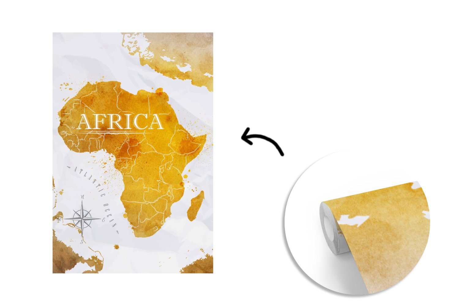 (3 St), Gold, Tapete - Vinyl Montagefertig für Wandtapete Fototapete Afrika Weltkarte bedruckt, MuchoWow Wohnzimmer, Matt, -